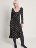Monsoon Sally Spot Lace Neckline Midi Dress, Black/Cream
