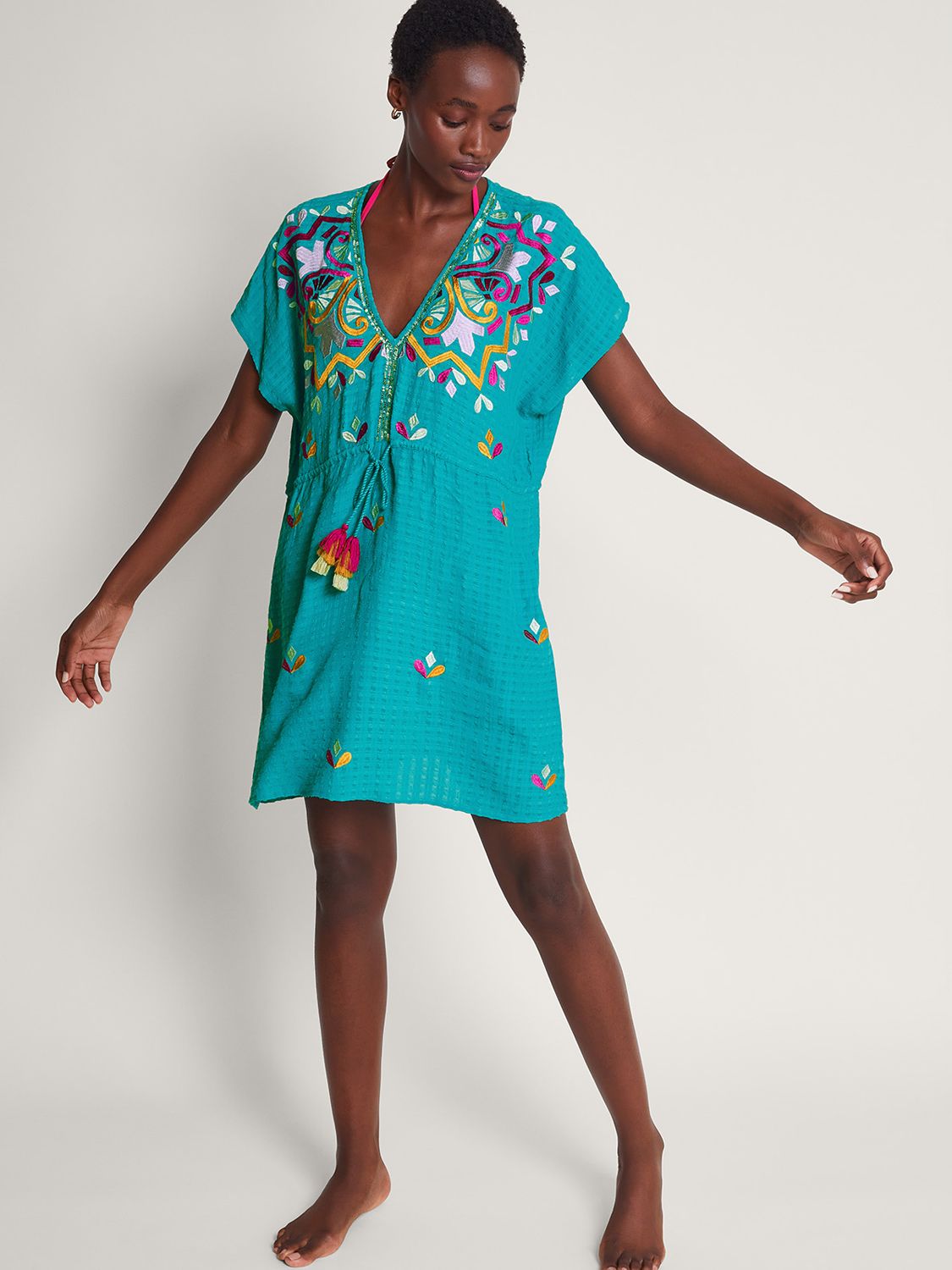 Monsoon Bonita Embroidered Kaftan Dress, Turquoise, S