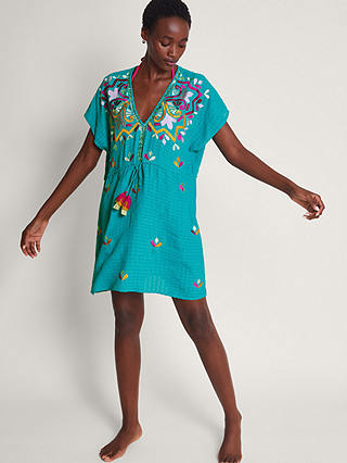 Monsoon Bonita Embroidered Kaftan Dress, Turquoise