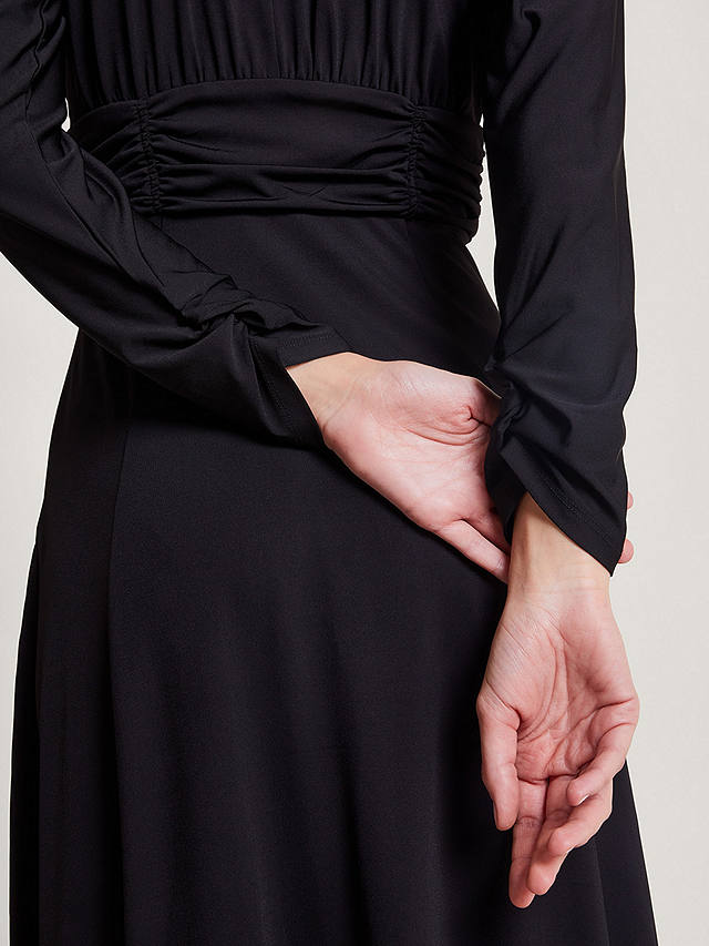 Monsoon Ray Ruched Waist Midi Dress, Black at John Lewis & Partners