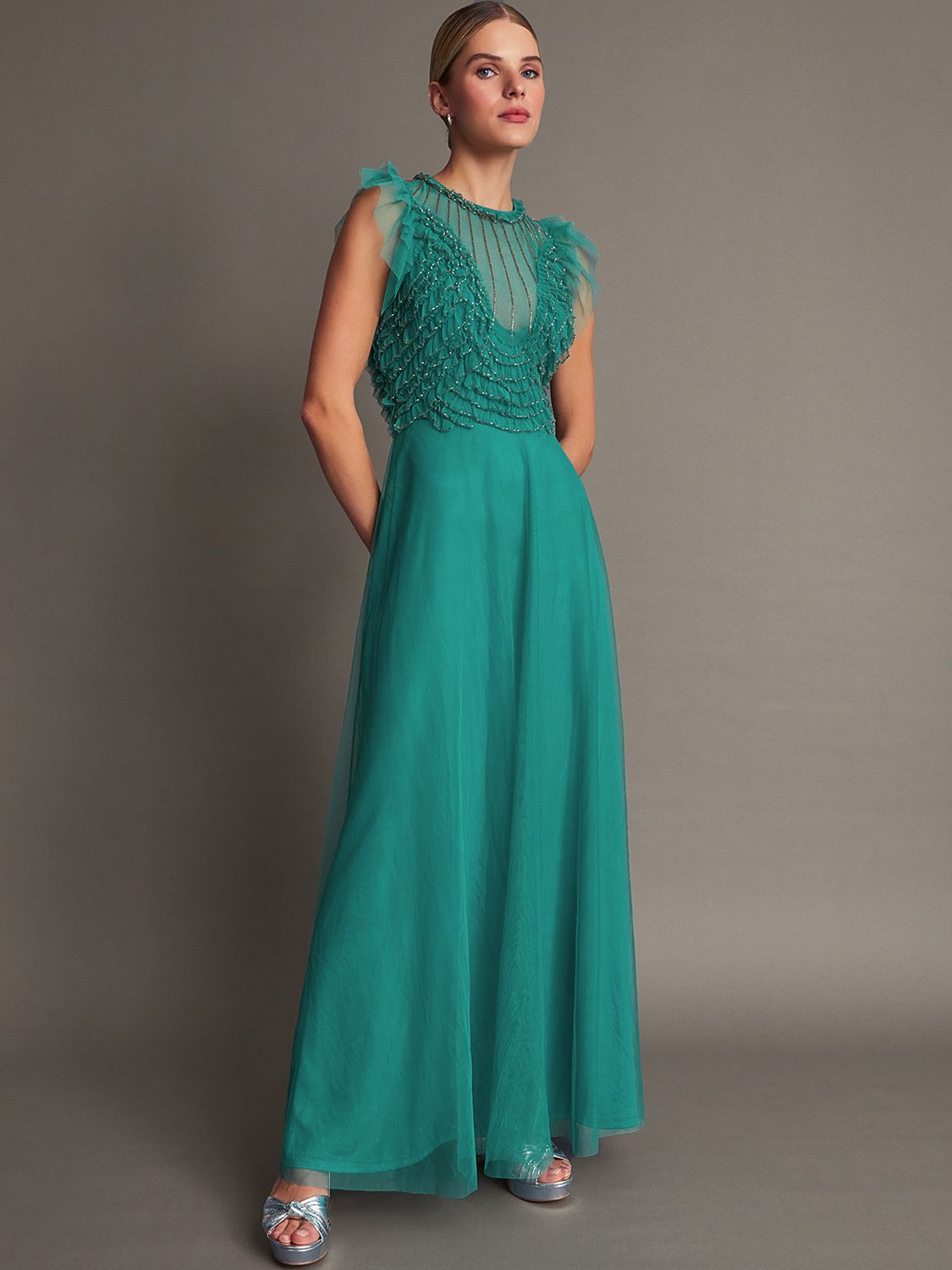 Buy Monsoon Irina Embelished Ruffle Maxi Dress, Green Online at johnlewis.com