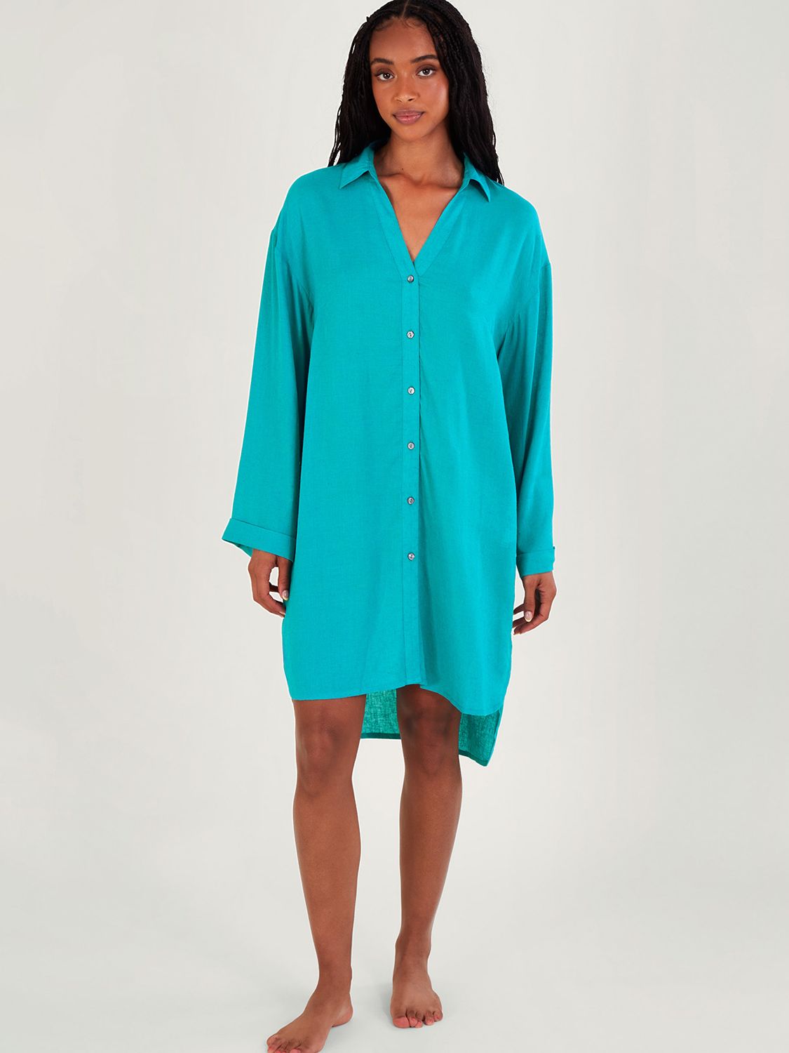 Monsoon Esme Linen Blend Beach Shirt Dress, Turquoise, S