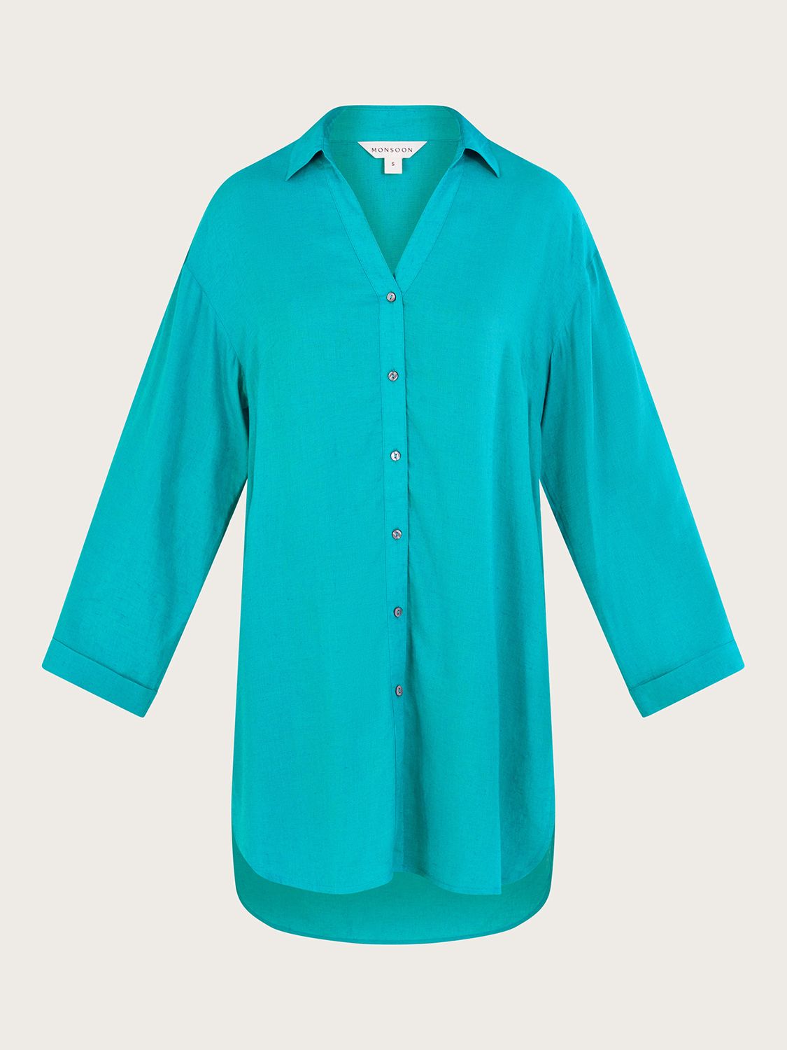 Monsoon Esme Linen Blend Beach Shirt Dress, Turquoise, S