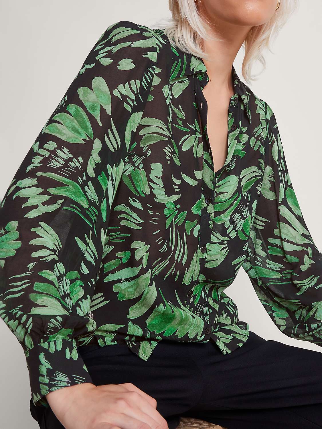Monsoon Ophelia Sheer Printed Blouse, Black/Green at John Lewis & Partners