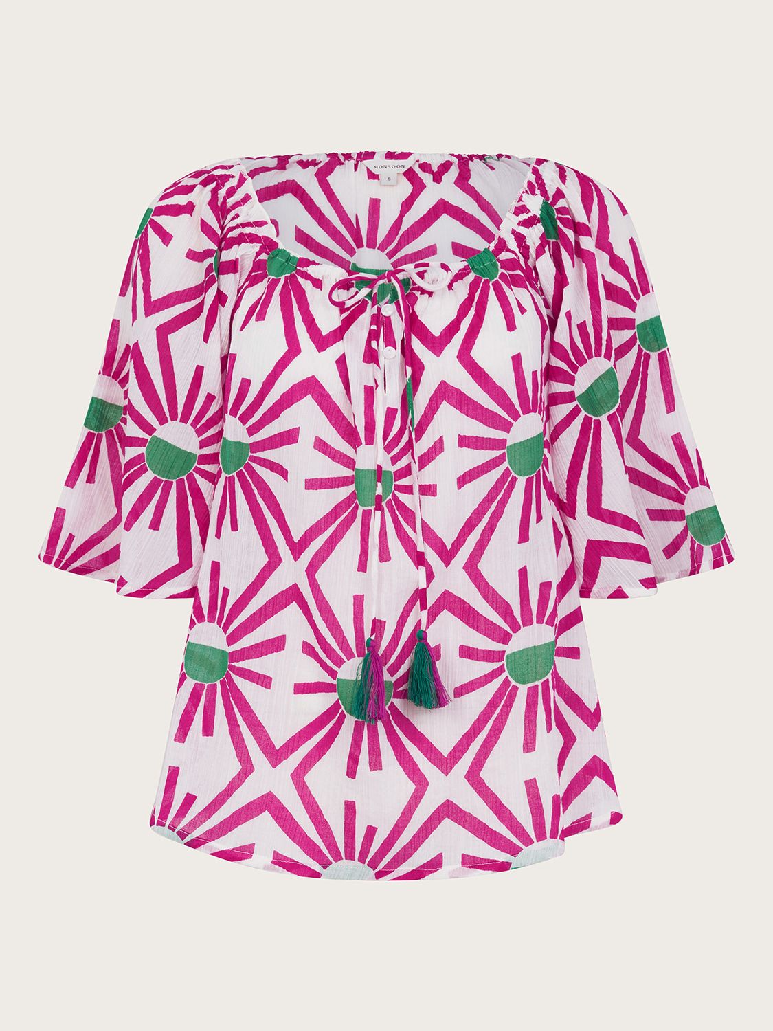 Monsoon Zamora Geometric Print Cotton Top, Pink/Multi, S