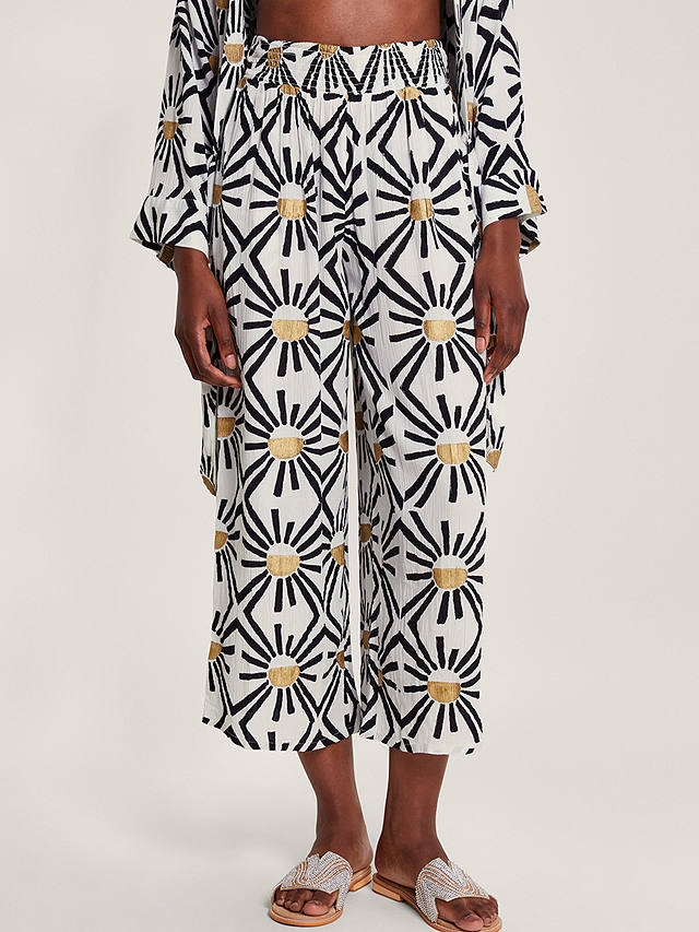 Monsoon Zamora Geometric Sun Print Cropped Trousers, White/Multi