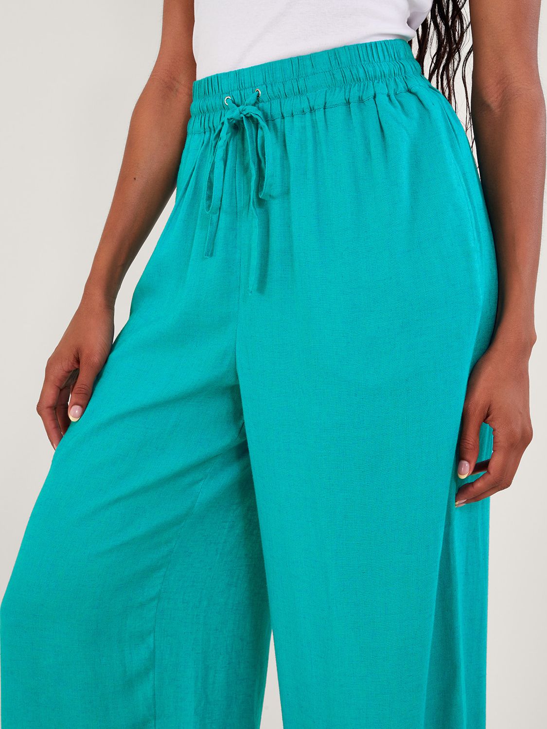 Monsoon Vicki Linen Blend Wide Leg Trousers, Turquoise, S