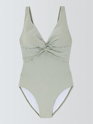John Lewis St Tropez Stripe Twist Front Shaping Swimsuit, Khaki