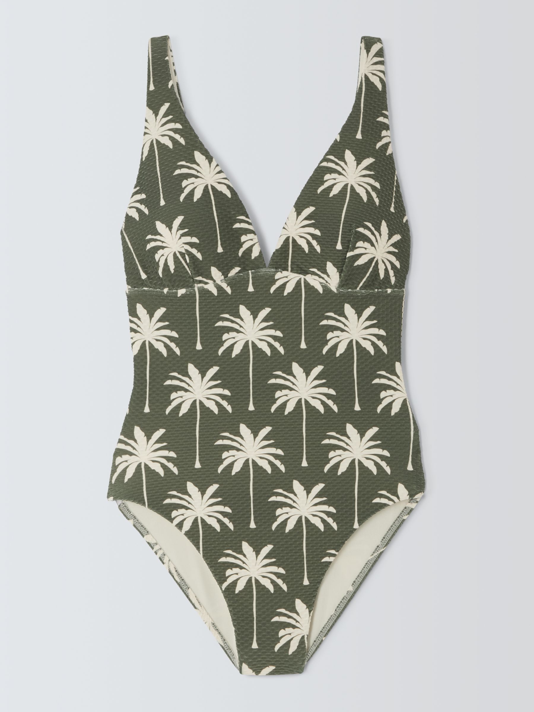John Lewis Island Palm Print High Apex Swimsuit, Khaki, 18