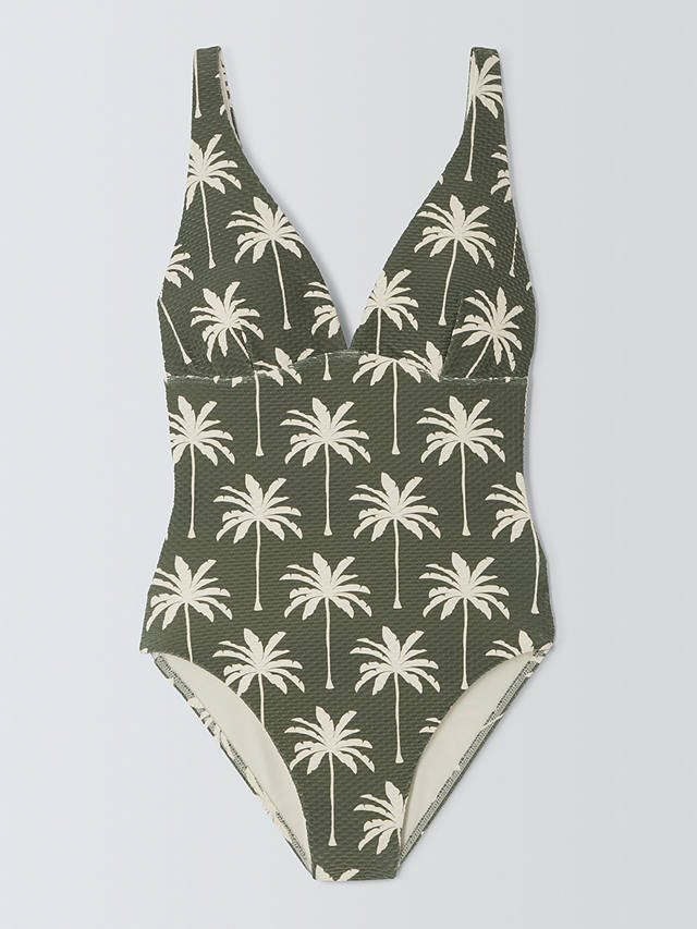 John Lewis Island Palm Print High Apex Swimsuit, Khaki
