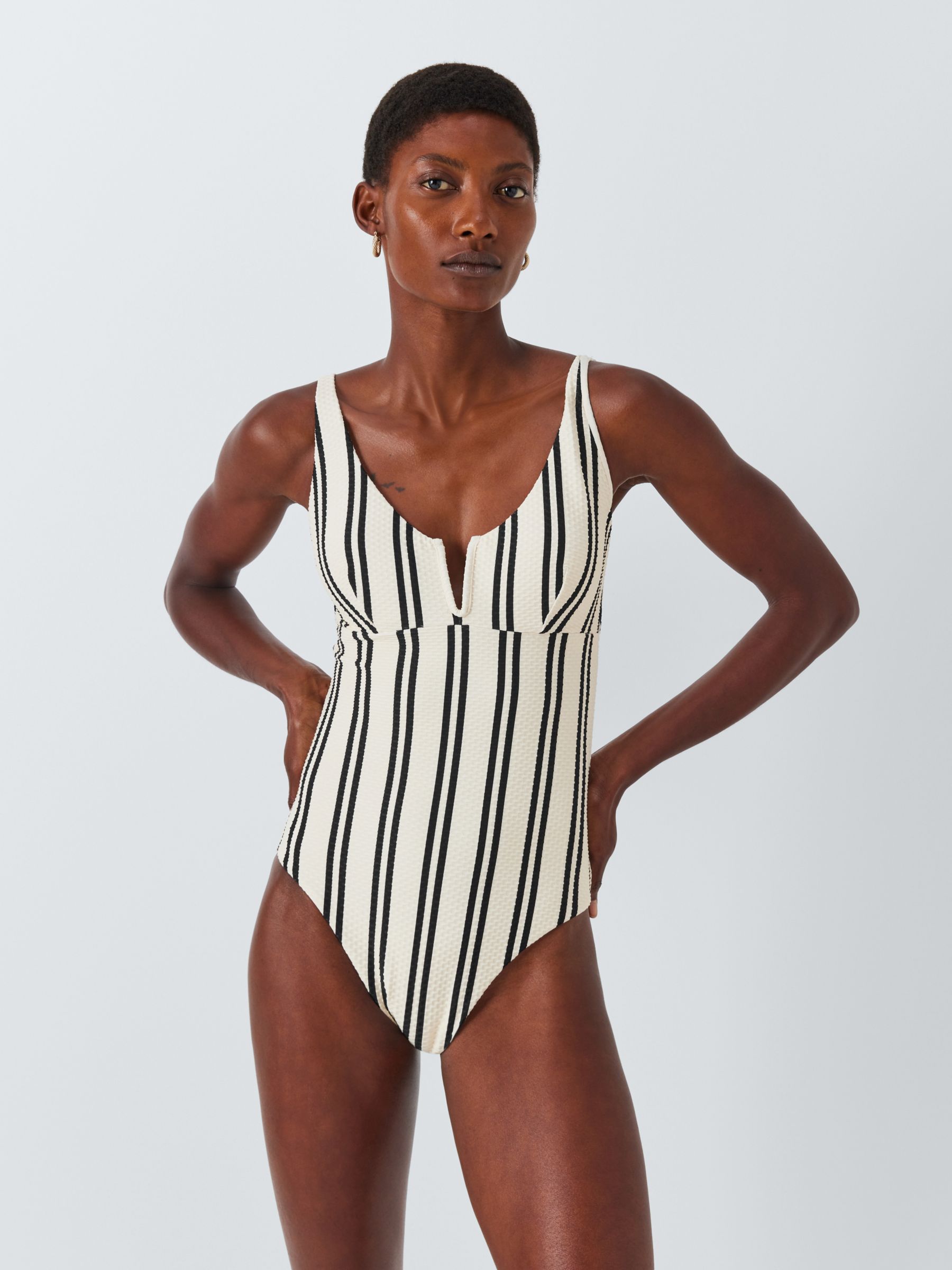John Lewis Stripe V-Cut Swimsuit, Cream, 8