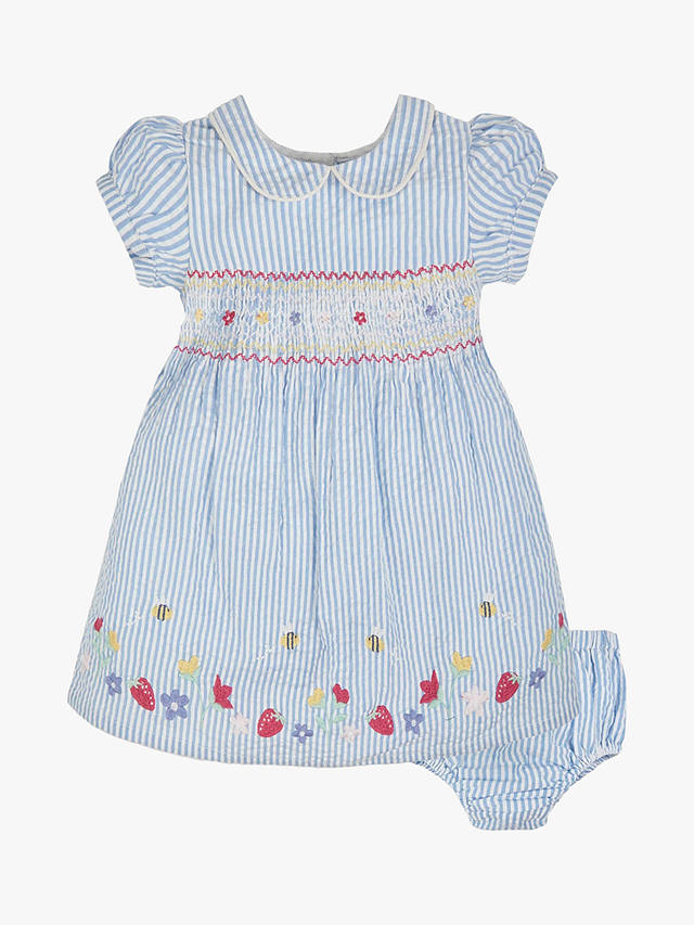 JoJo Maman Bébé Baby Strawberry Smock Dress & Bloomers Set, Blue/Multi
