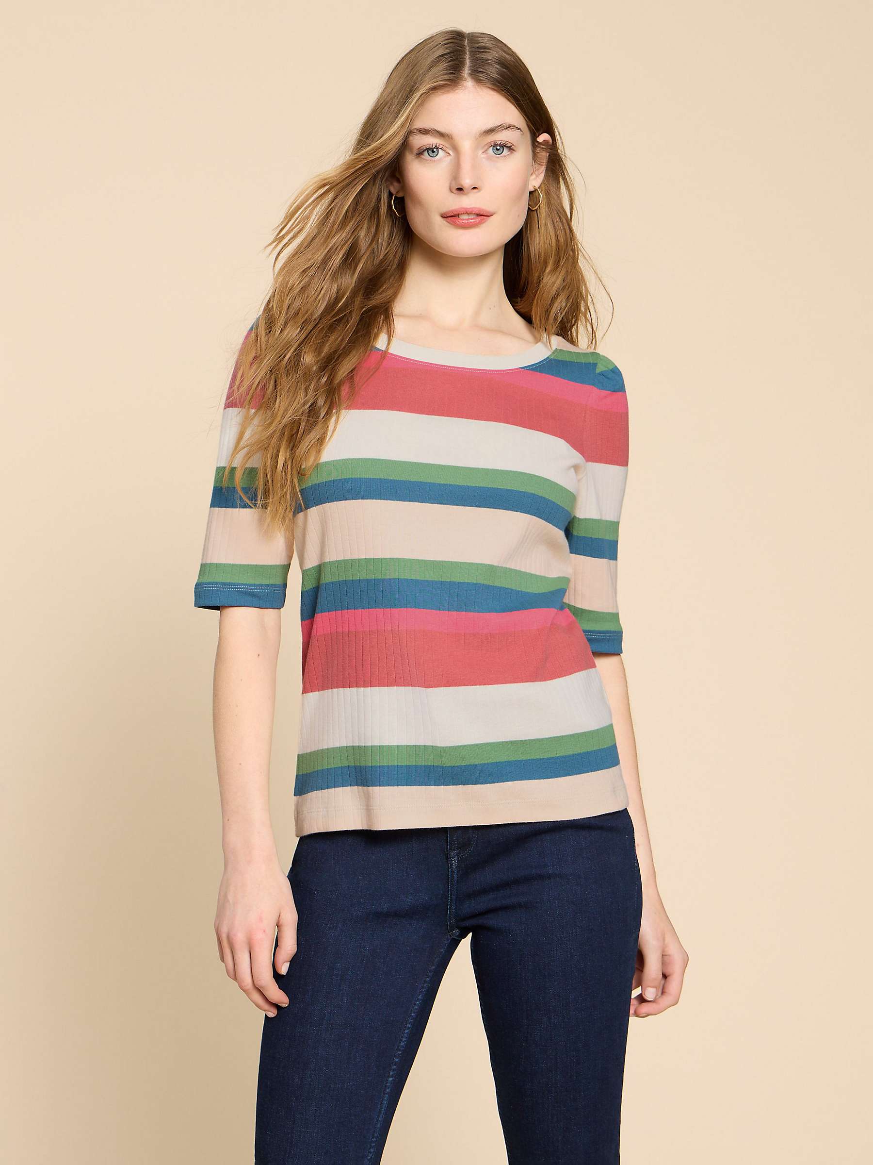Buy White Stuff Puff Sleeve Stripe T-Shirt, Pink/Multi Online at johnlewis.com