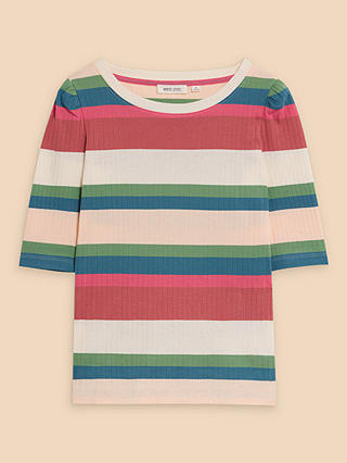 White Stuff Puff Sleeve Stripe T-Shirt, Pink/Multi