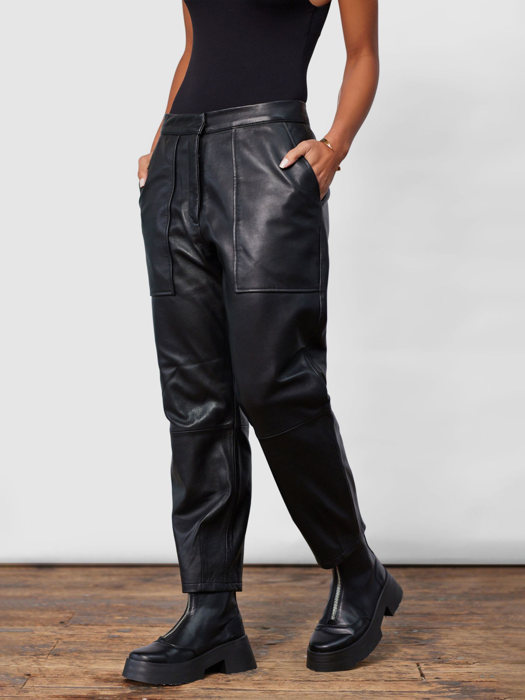 Petite Black Faux Leather V Front Straight Leg Pants