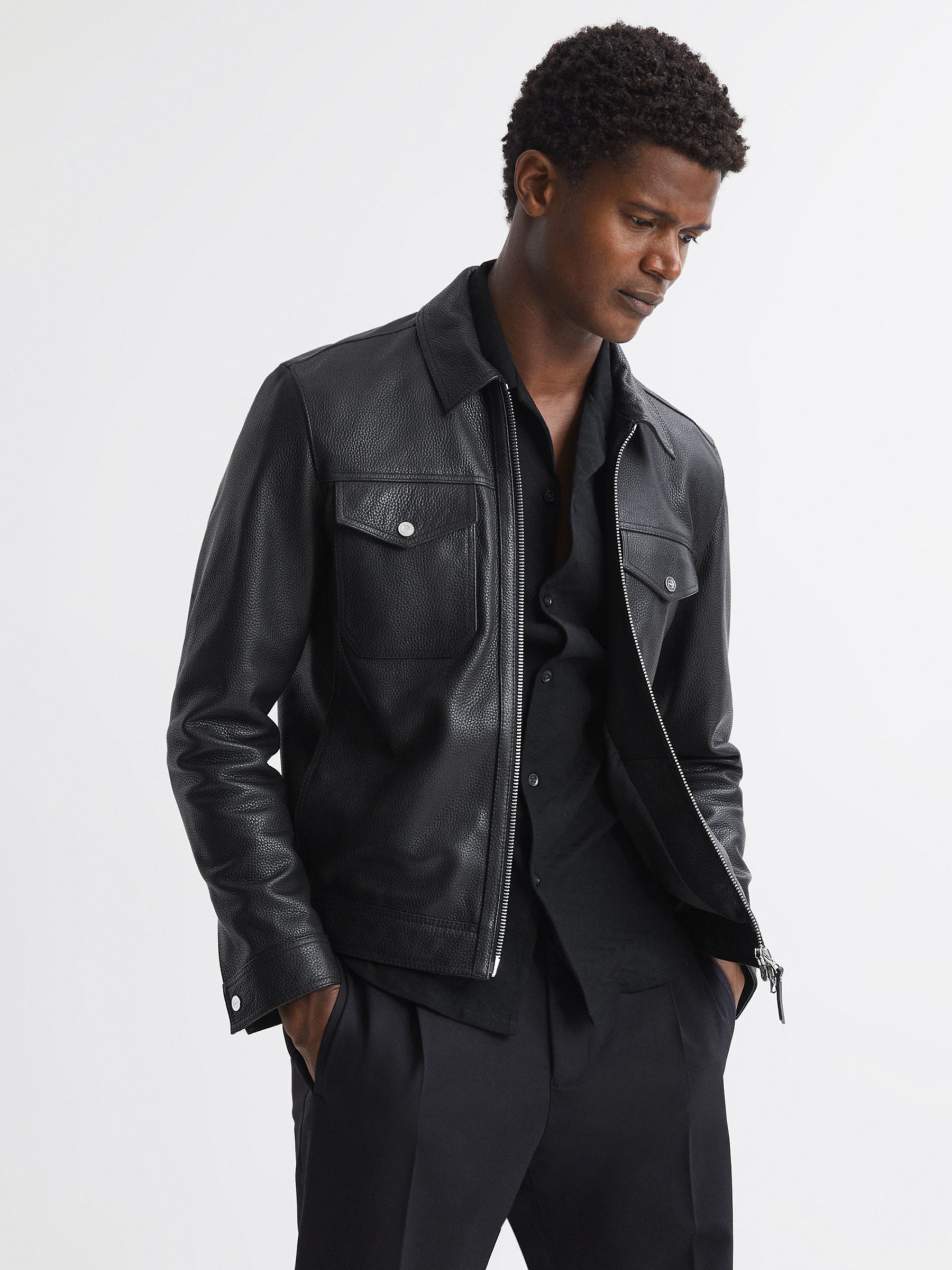 Reiss Ledger Long Sleeve Jacquard Shirt, Black at John Lewis & Partners