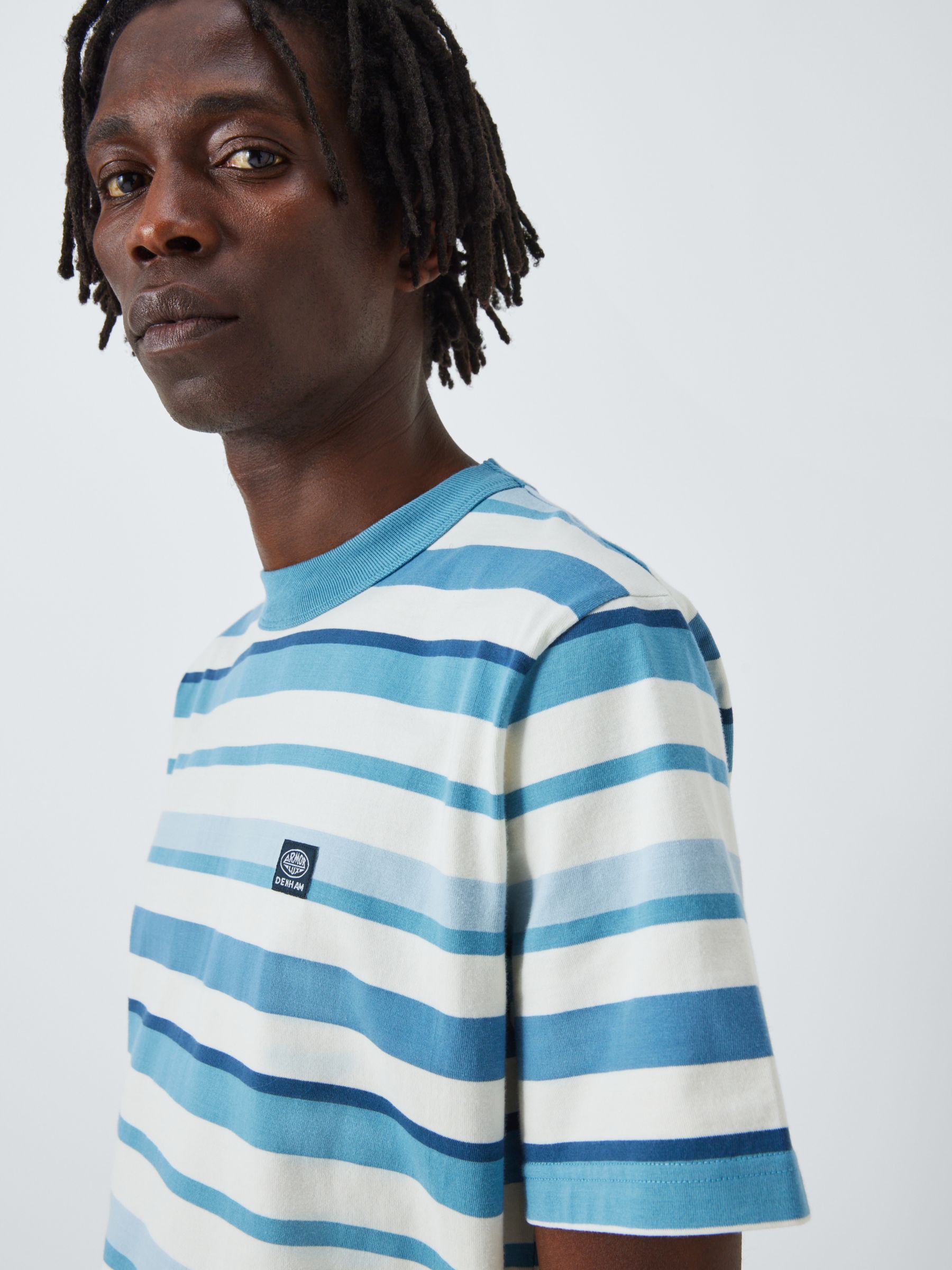 Armor Lux x Denham Short Sleeve Comfort Stripe T-Shirt, Egret/Blue, L