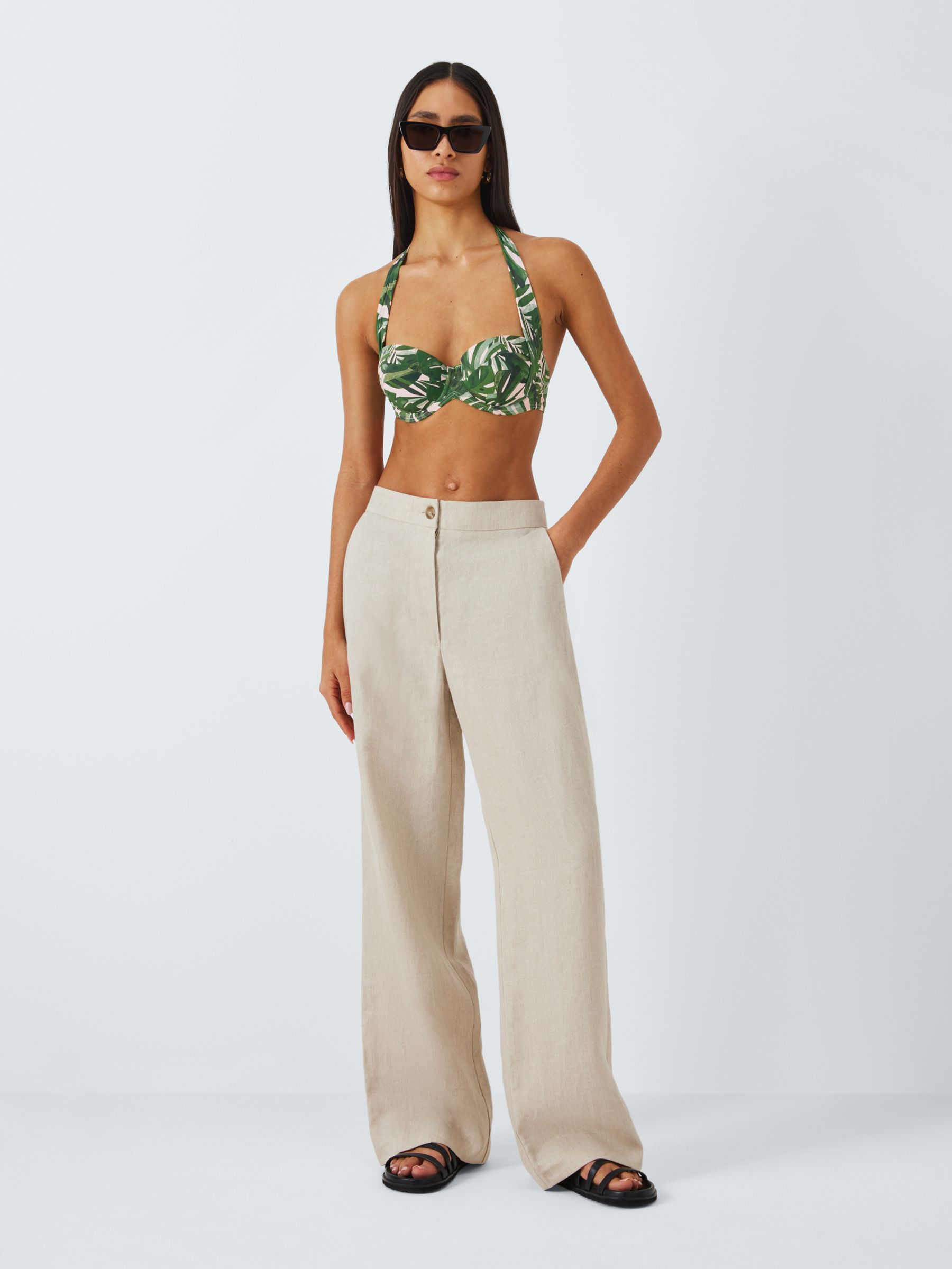 John Lewis Tropic Palm Leaf Print Sling Halter Bikini Top, Khaki, 34DD