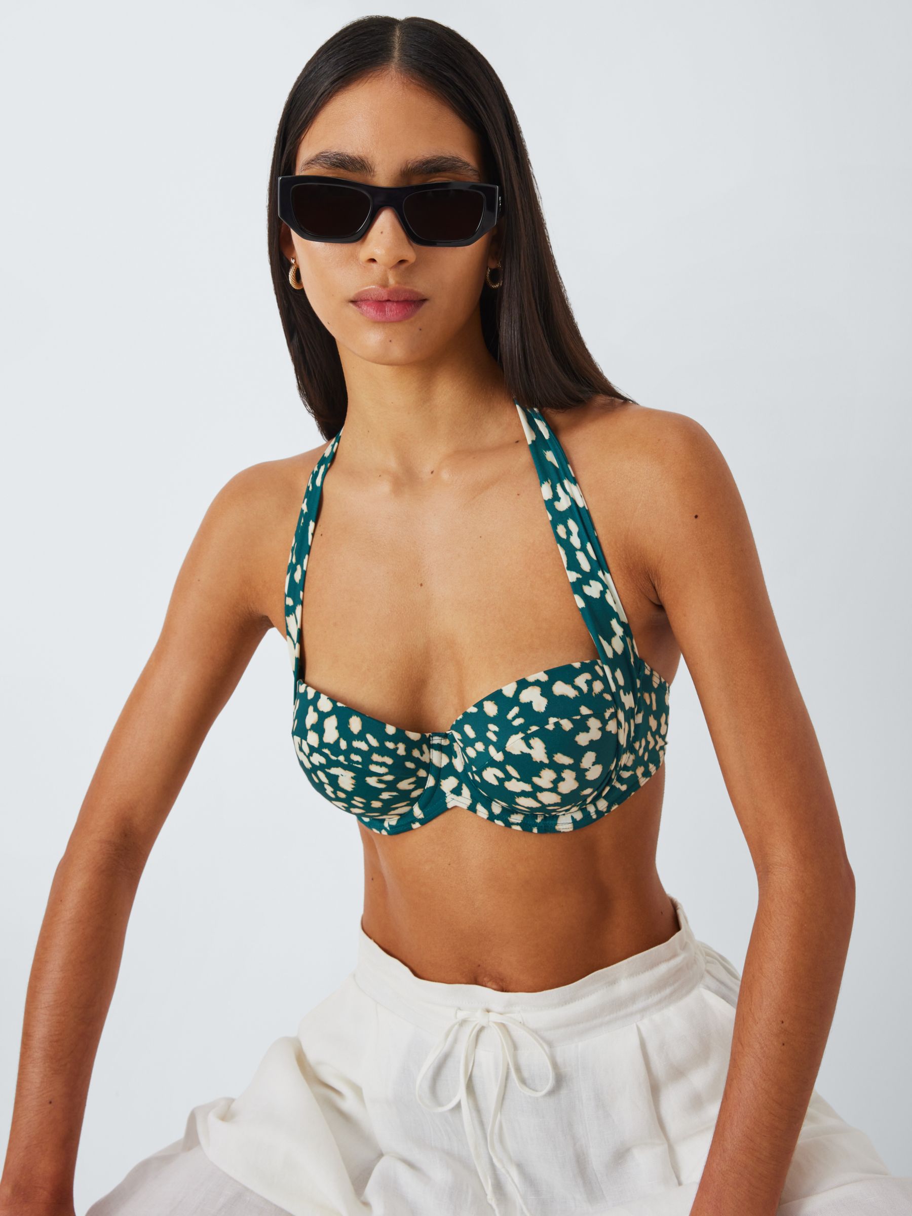 John Lewis Rio Animal Print Sling Halter Bikini Top, Teal, 32C