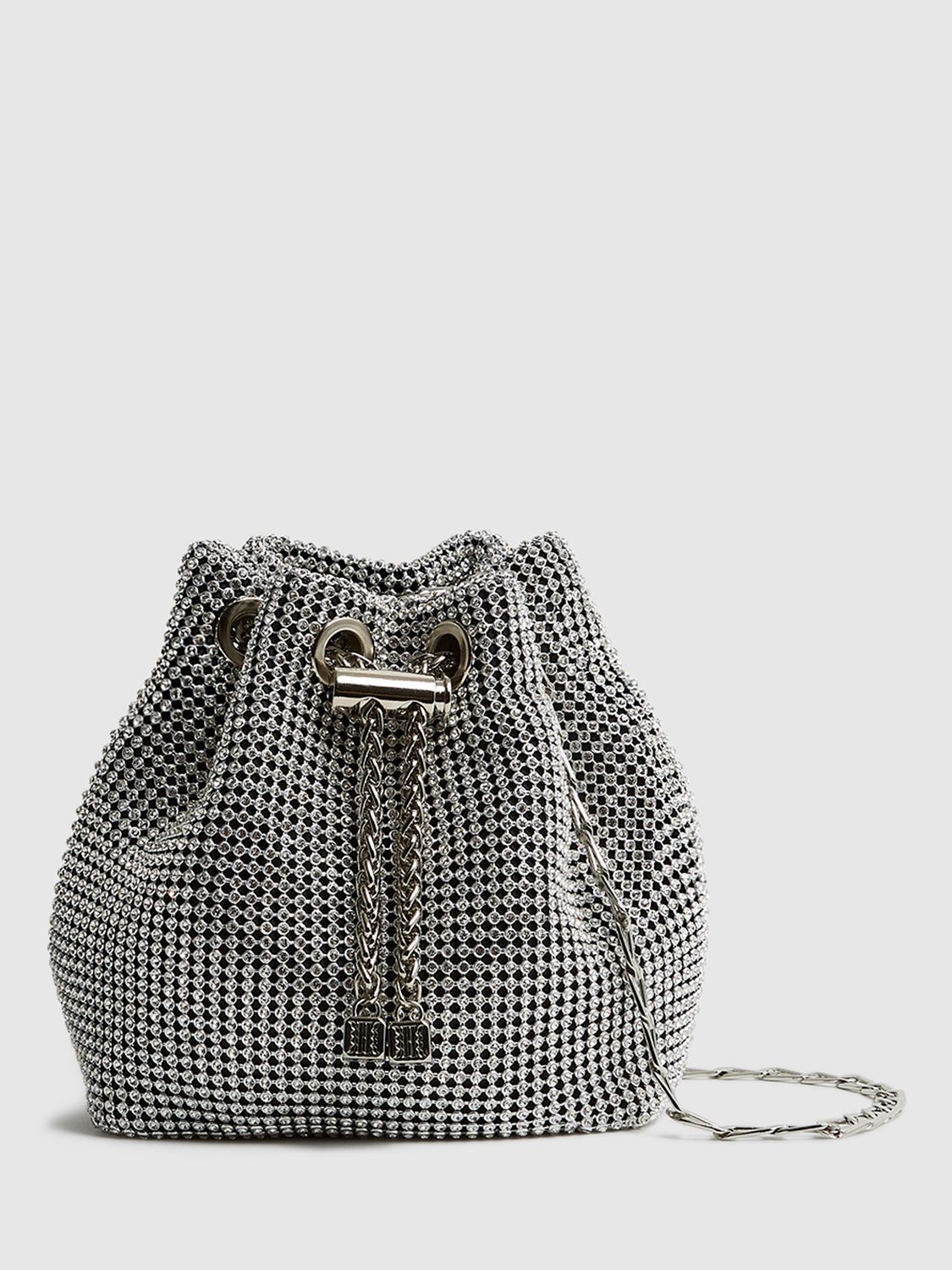 Reiss Demi Crystal Mini Bucket Bag, Silver at John Lewis & Partners