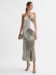 Reiss Keeley Silk Blend Velvet Asymmetric Strap Midi Dress, Silver