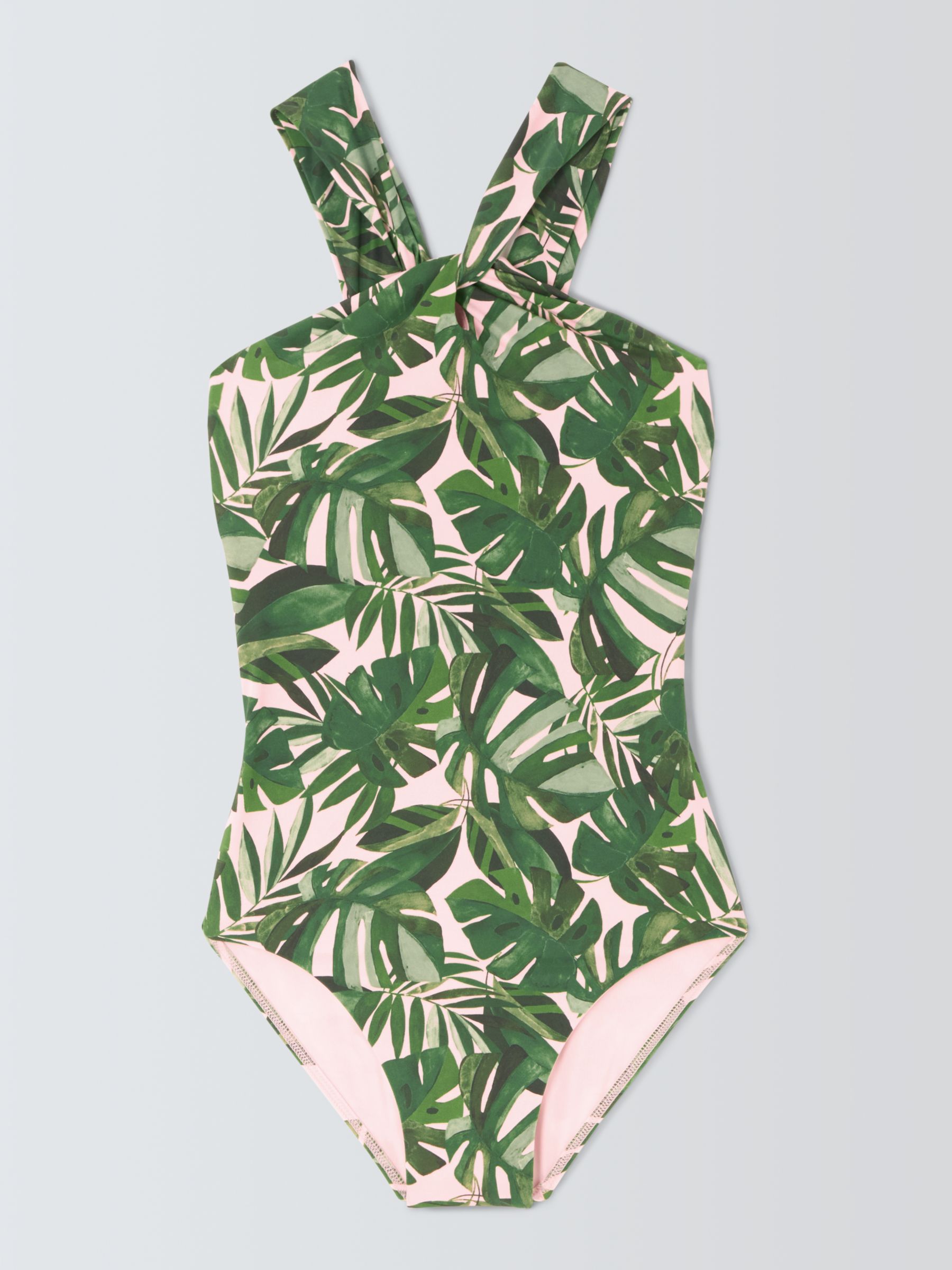 John Lewis Tropic Palm Twist Neck Swimsuit, Khaki/Multi, 18