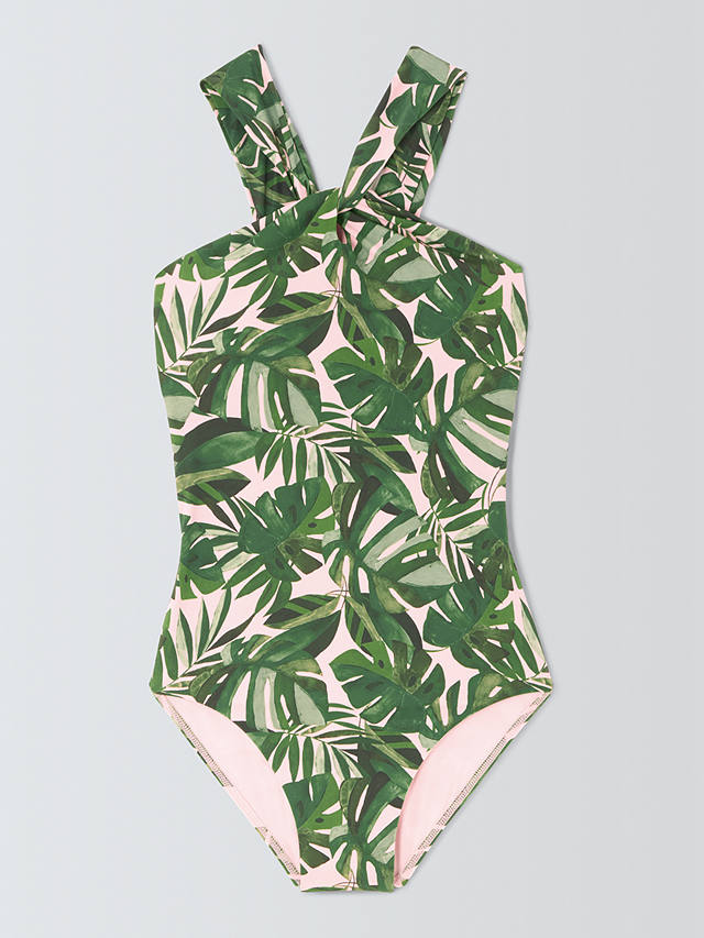 John Lewis Tropic Palm Twist Neck Swimsuit, Khaki/Multi