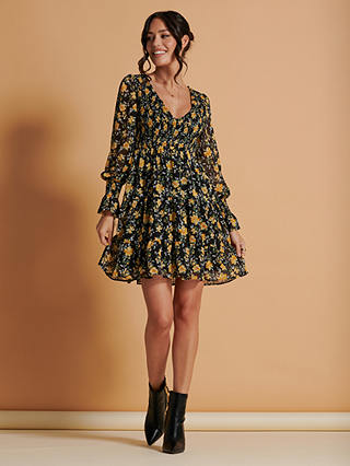 Jolie Moi Shirred Chiffon Floral Print Mini Dress, Black