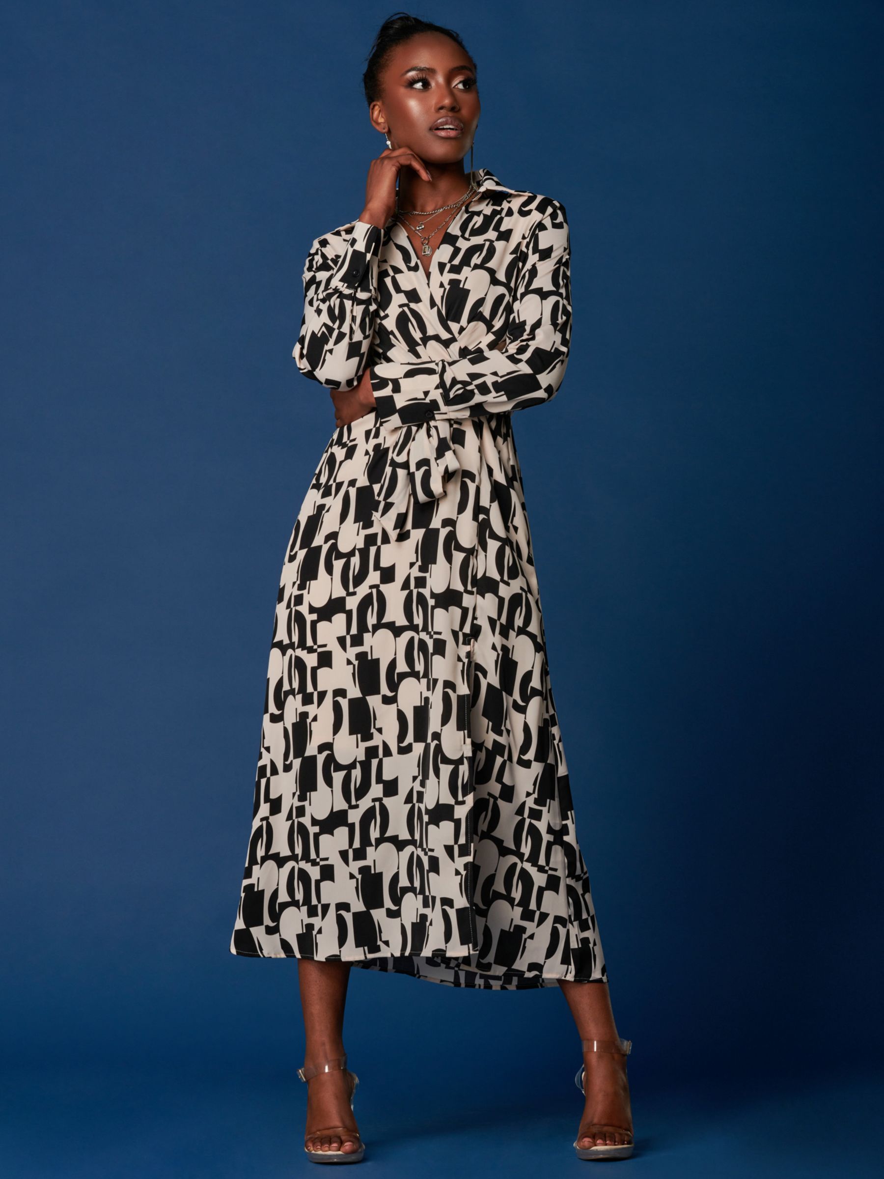 Jolie Moi Geometric Shirt Midi Dress, Cream/Black at John Lewis & Partners