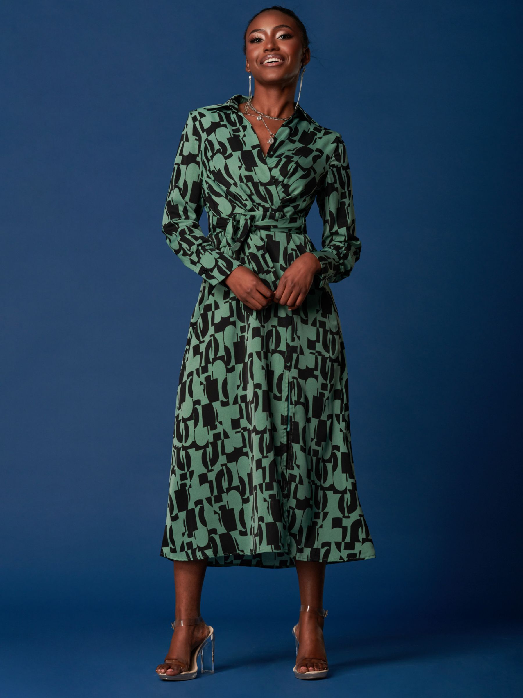 Jolie Moi Geometric Shirt Midi Dress, Green at John Lewis & Partners
