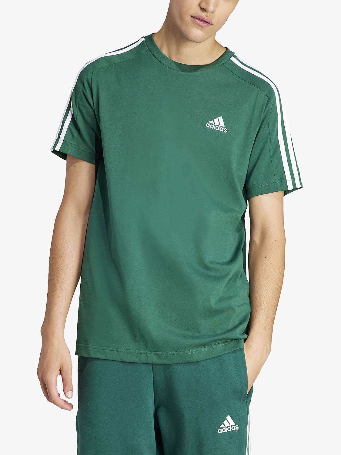 Buy adidas Essentials 3-Stripes Single Jersey T-Shirt, Collegiate Green Online at johnlewis.com