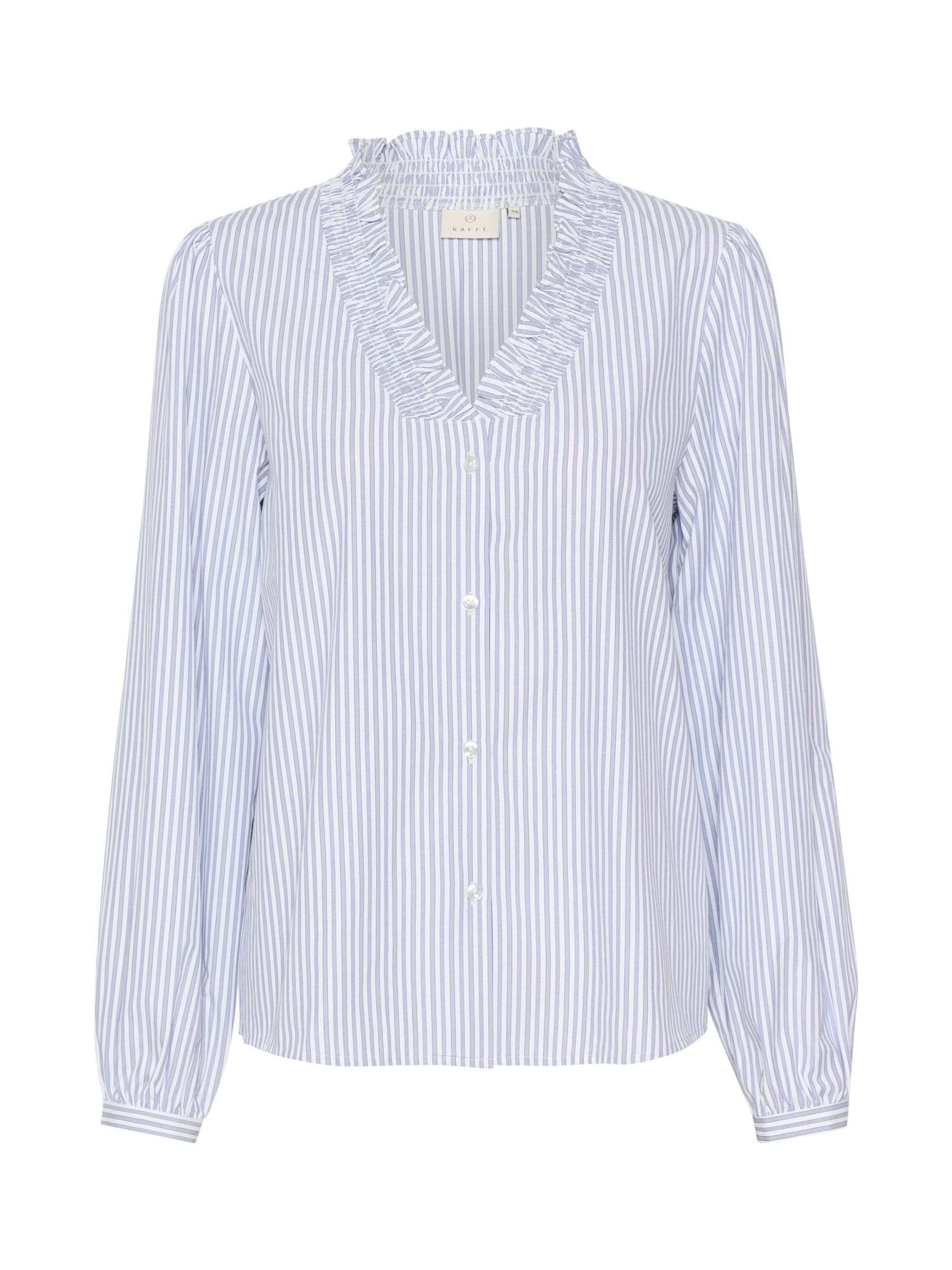 KAFFE Maibritt V-Neck Frill Shirt, Blue/White at John Lewis & Partners