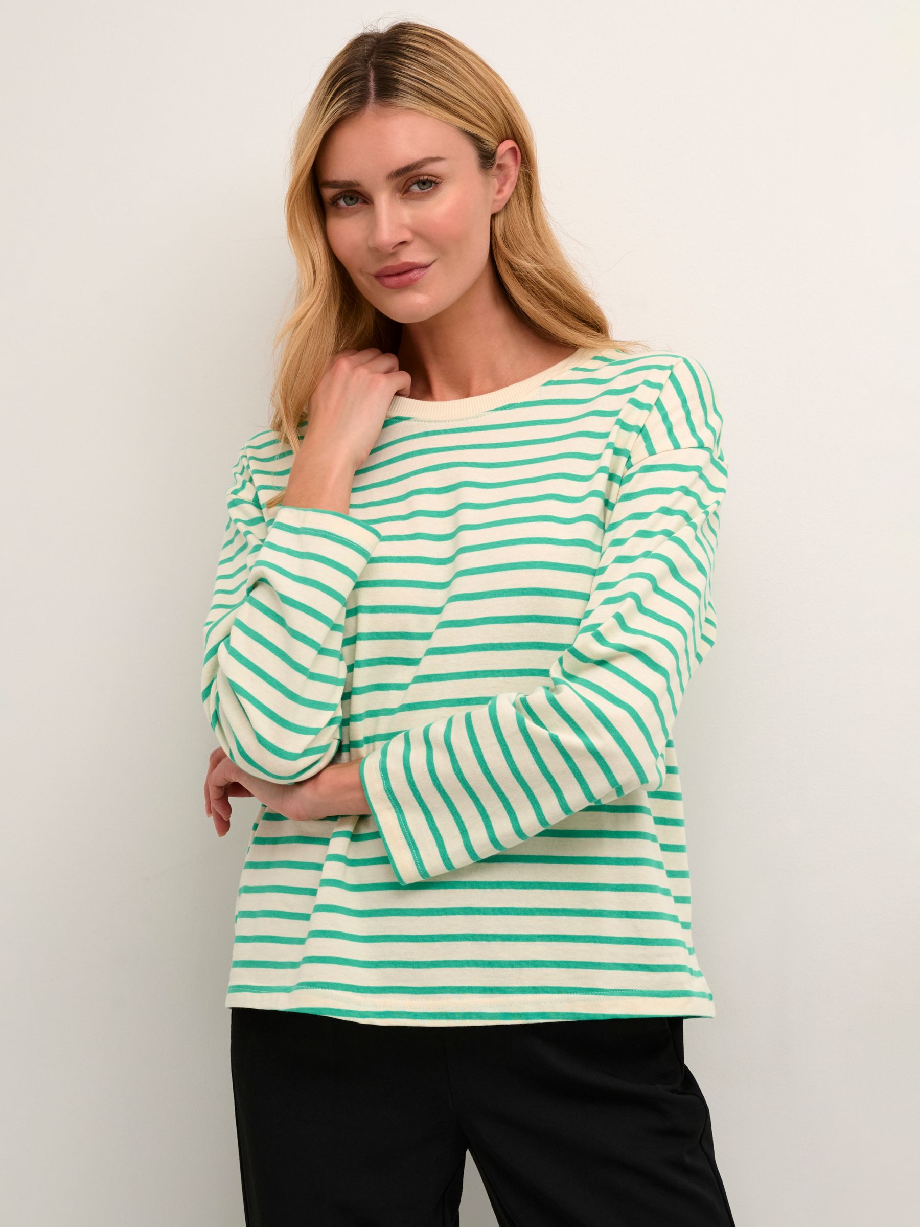 KAFFE Winny Long Sleeve Stripe T-Shirt, Antique White/Green at