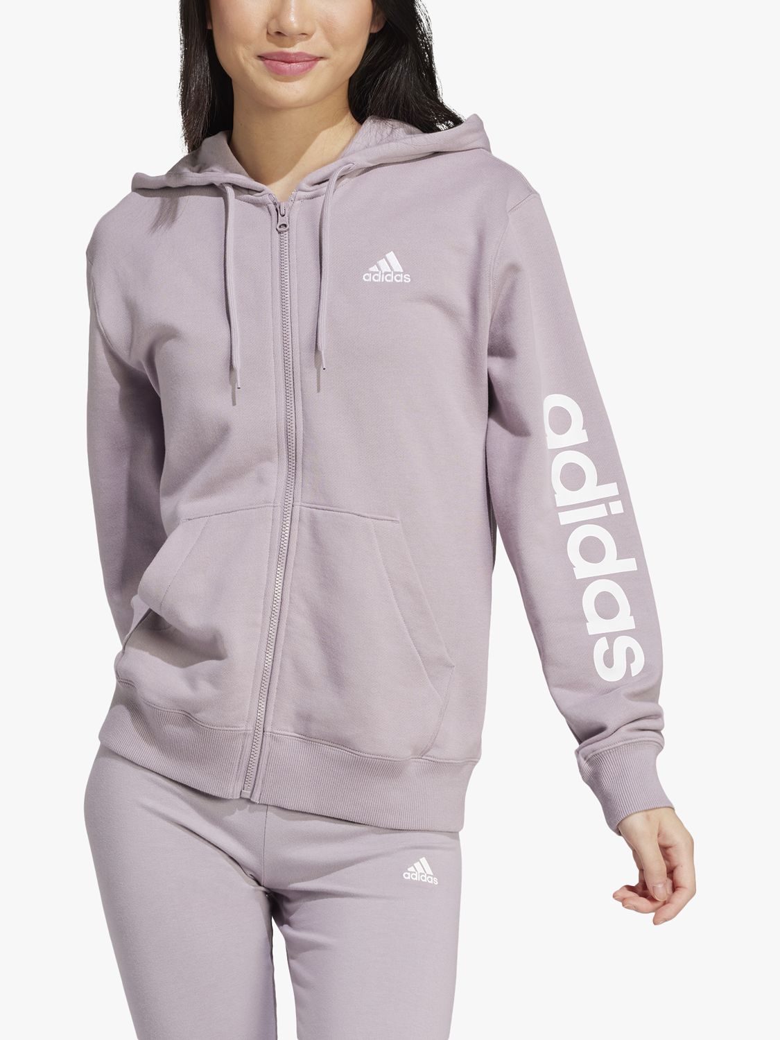 adidas Women's Essentials Linear Full Zip French Terry Hoodie, Black/White,  X-Small at  Women's Clothing store