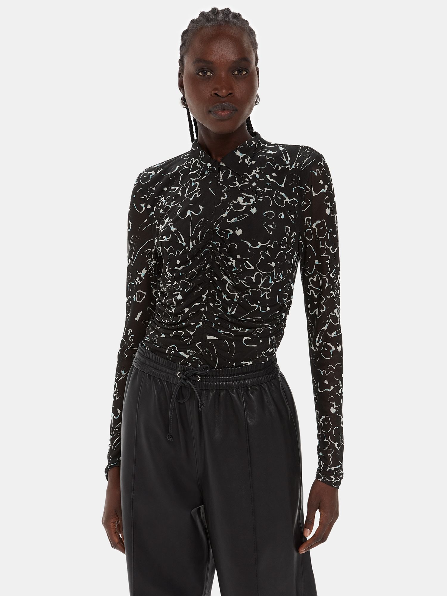 Whistles Scribble Bouquet Print Ruched Shirt, Black/Multi at John Lewis ...