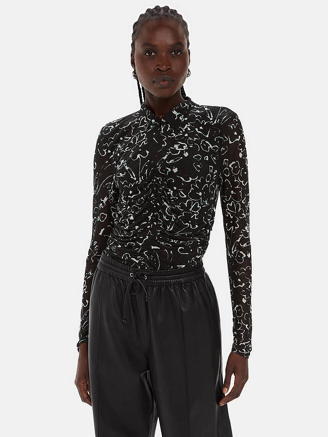 Whistles Scribble Bouquet Print Ruched Shirt, Black/Multi