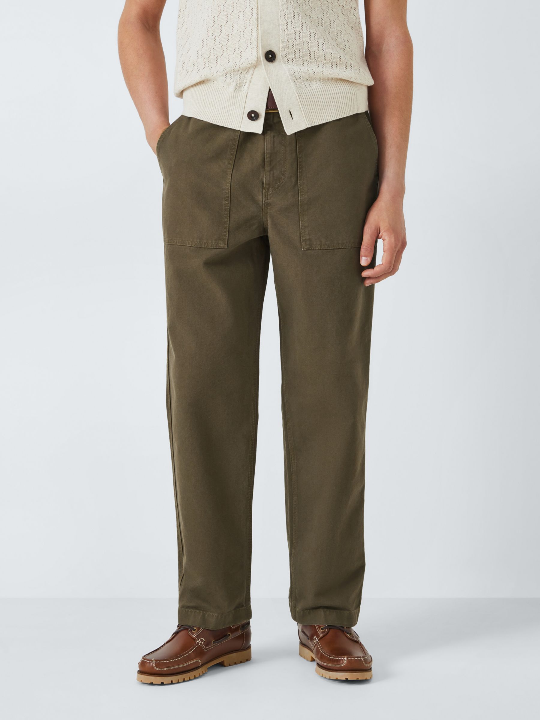 John Lewis Men's Canvas Carpenter Trousers, Green Khaki, 32 R