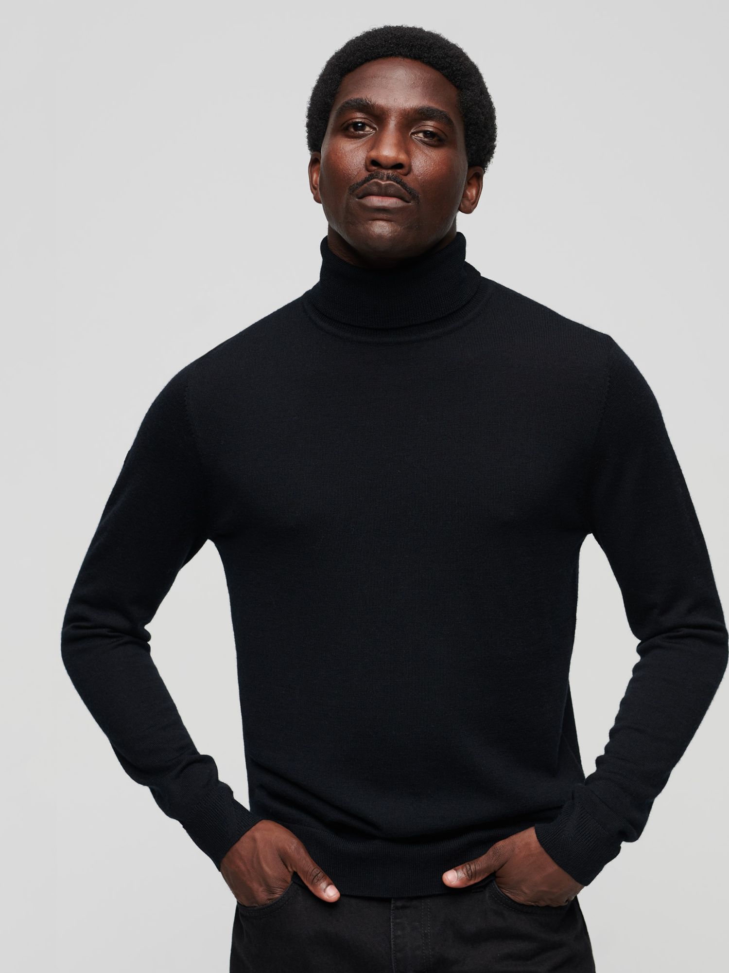 Superdry Merino Wool Polo Neck Jumper, Black at John Lewis & Partners