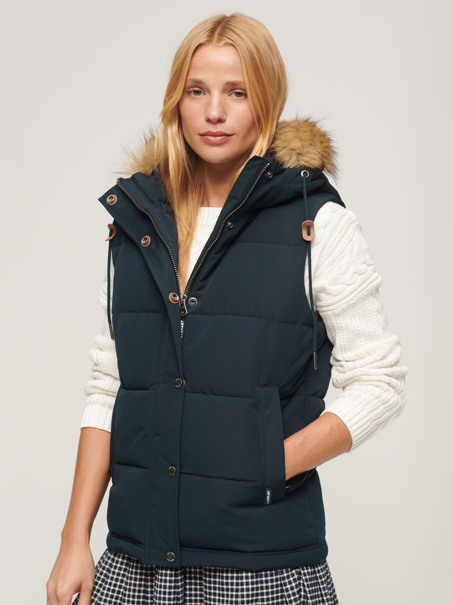 Superdry Everest Faux Fur Puffer Gilet, Nordic Chrome Navy at John