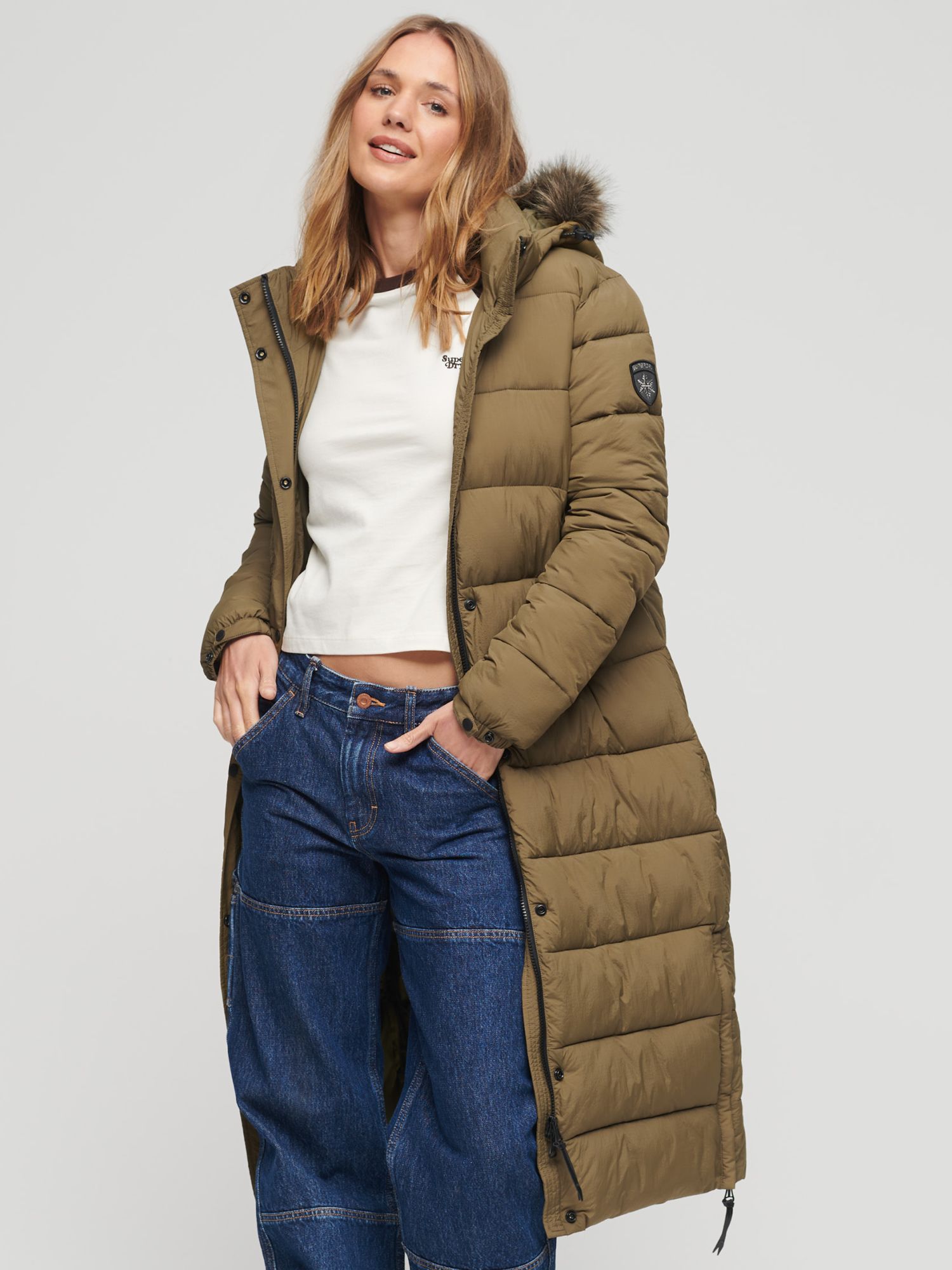 Superdry Faux Fur Hooded Longline Puffer Coat, Military Olive at John ...