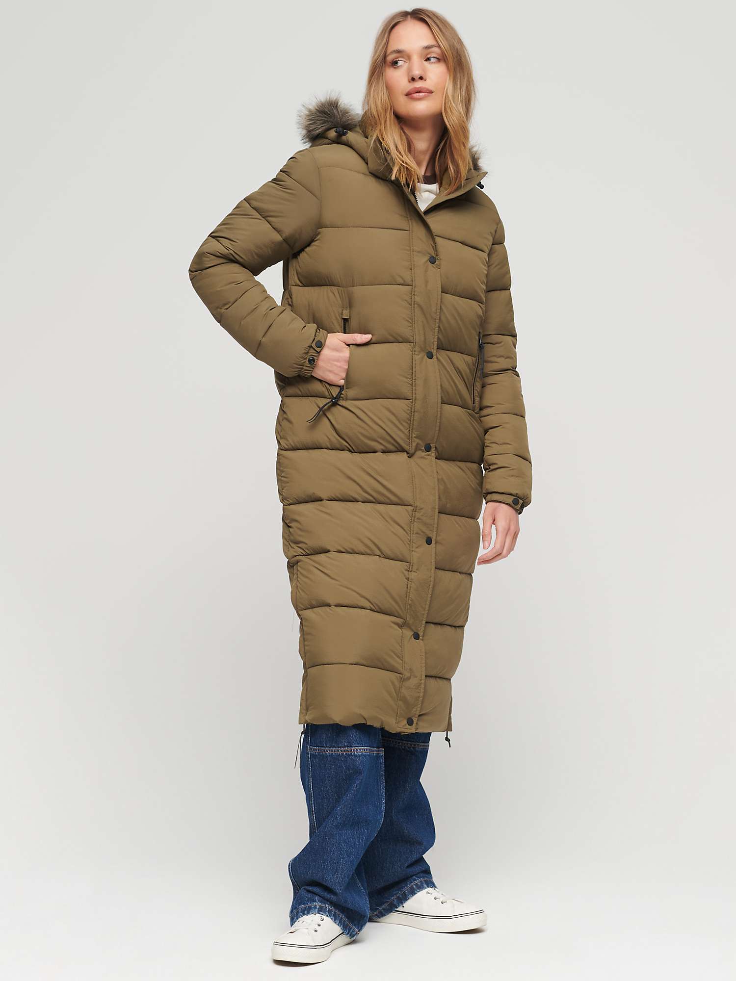 Buy Superdry Faux Fur Hooded Longline Puffer Coat, Military Olive Online at johnlewis.com