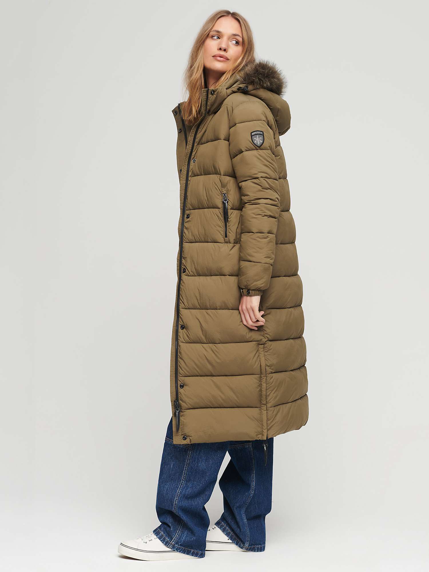 Buy Superdry Faux Fur Hooded Longline Puffer Coat, Military Olive Online at johnlewis.com