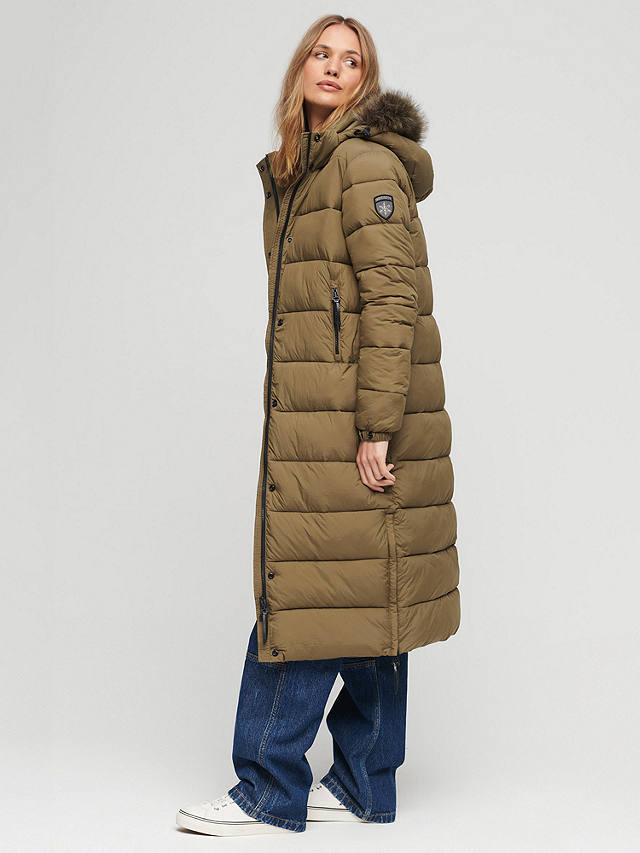 Superdry Faux Fur Hooded Longline Puffer Coat, Military Olive