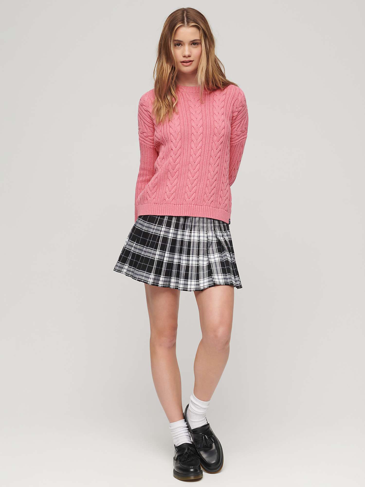 Superdry Dropped Shoulder Cable Crew Jumper, Nappa Pink Twist at John ...