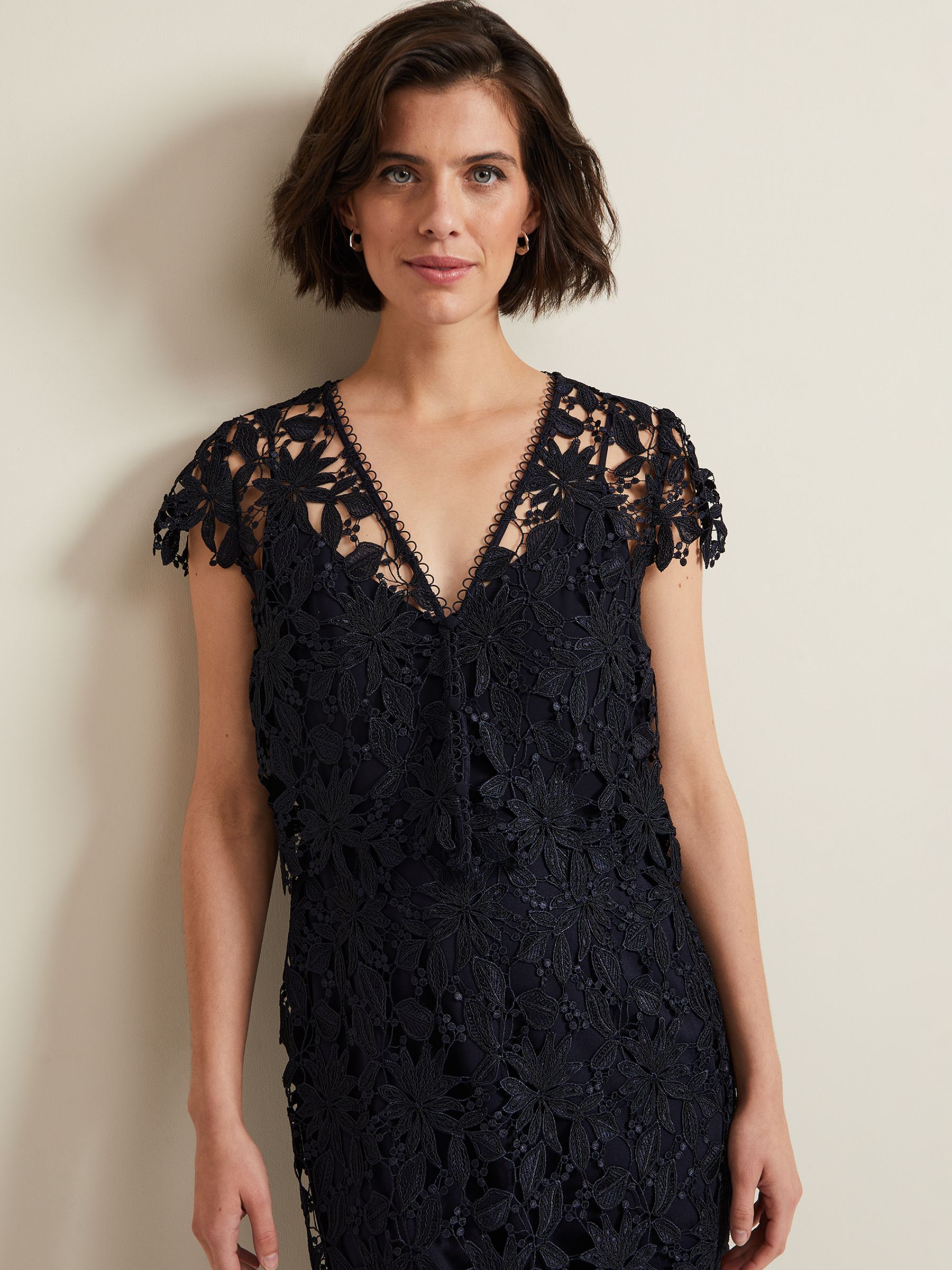 Phase Eight Meghan Lace Double Layer Dress, Navy, 6