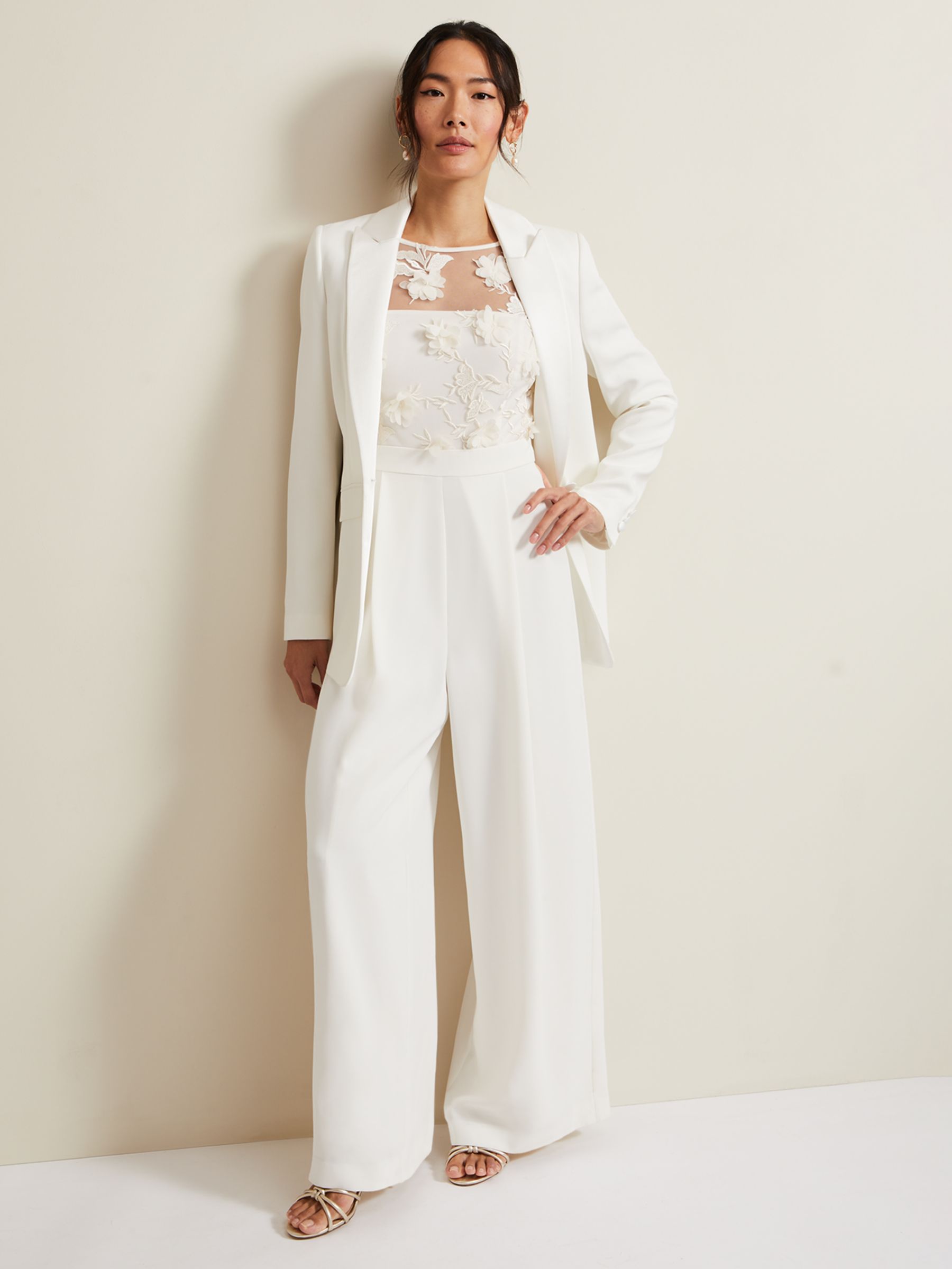 Phase Eight Cherie Bridal Floral Textured Overlay Jumpsuit, Ivory, 8
