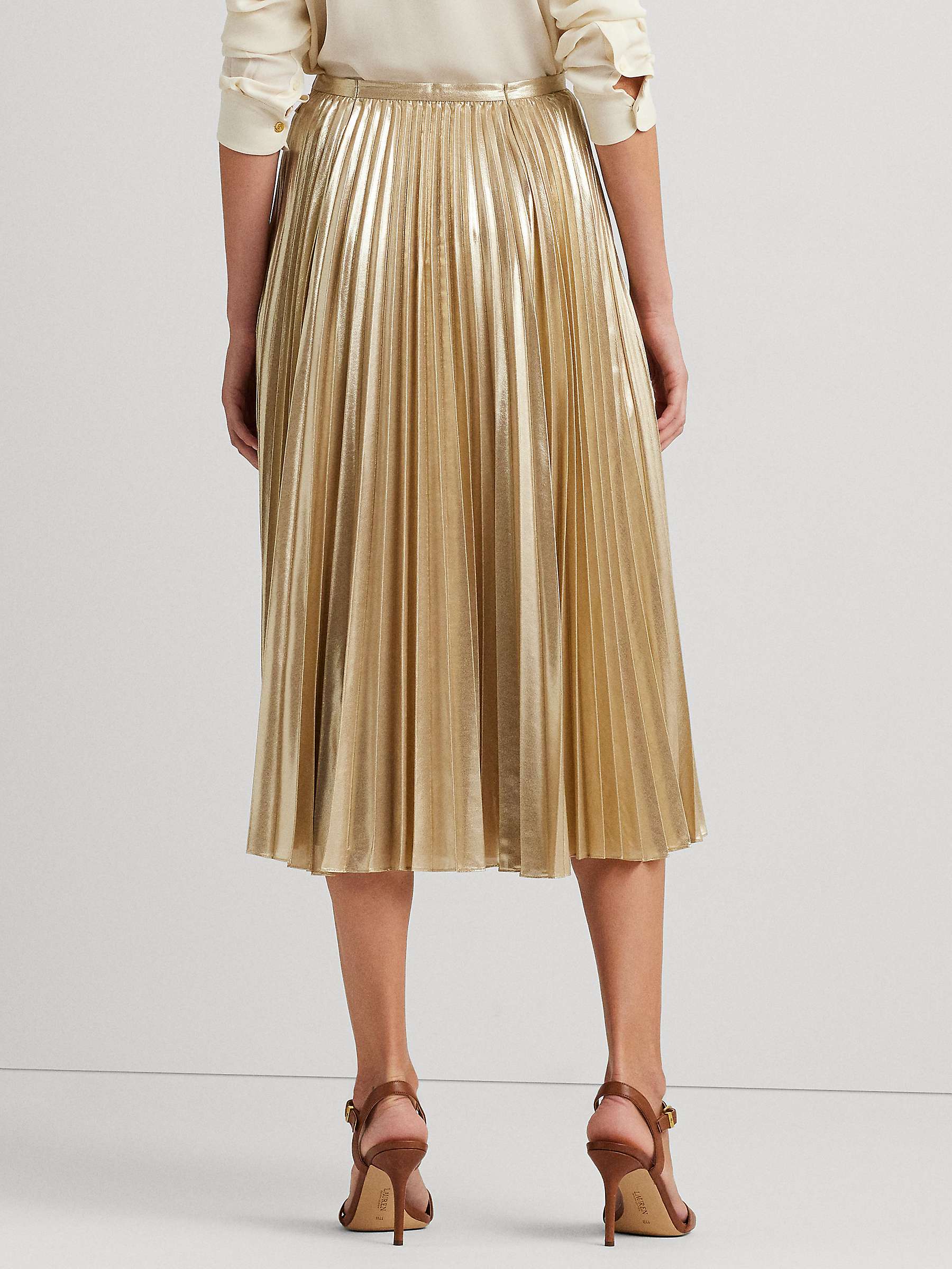 Buy Lauren Ralph Lauren Suzu Metallic Chiffon Pleated Midi Skirt, Sand Light Gold Online at johnlewis.com