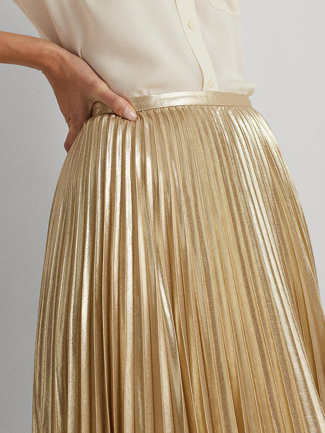 Lauren Ralph Lauren Suzu Metallic Chiffon Pleated Midi Skirt, Sand Light Gold