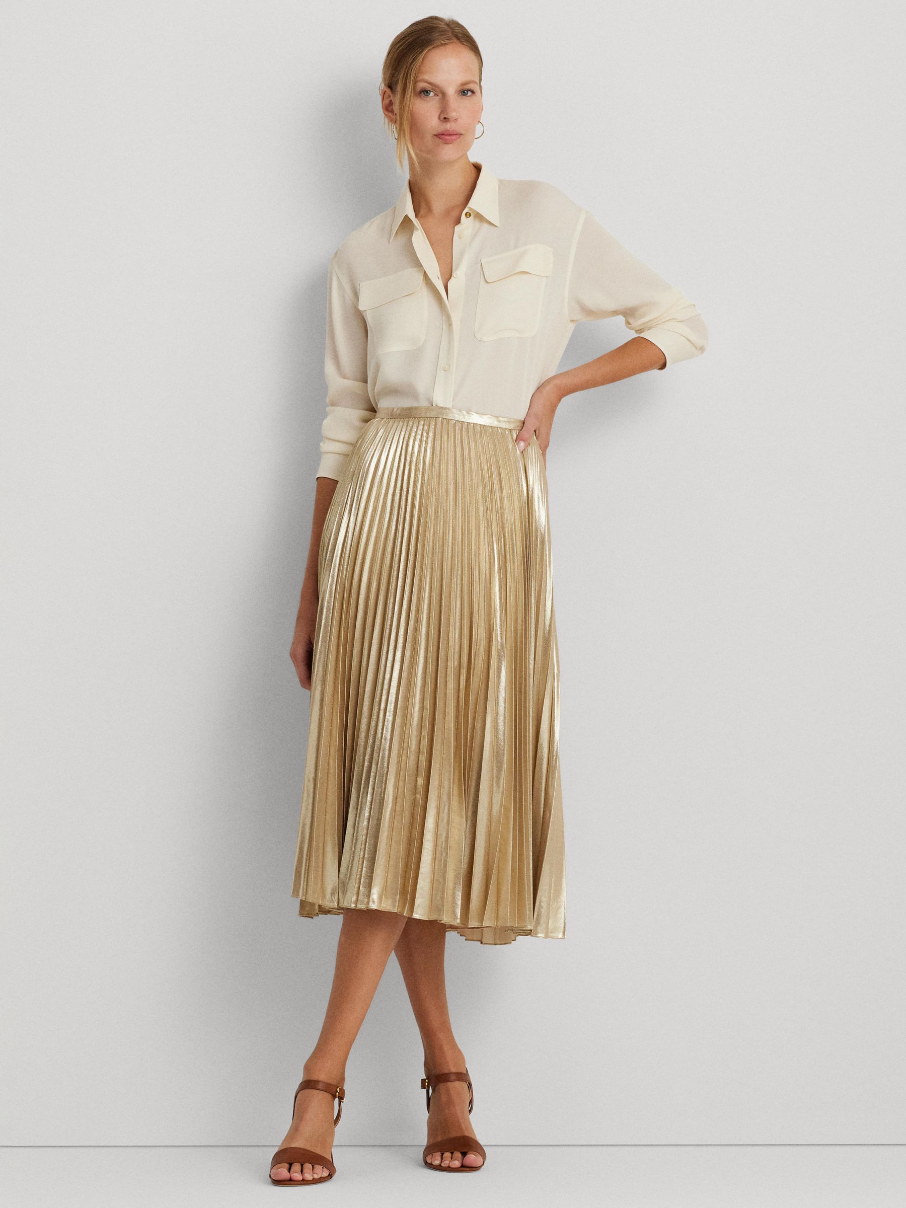 Buy Lauren Ralph Lauren Suzu Metallic Chiffon Pleated Midi Skirt, Sand Light Gold Online at johnlewis.com