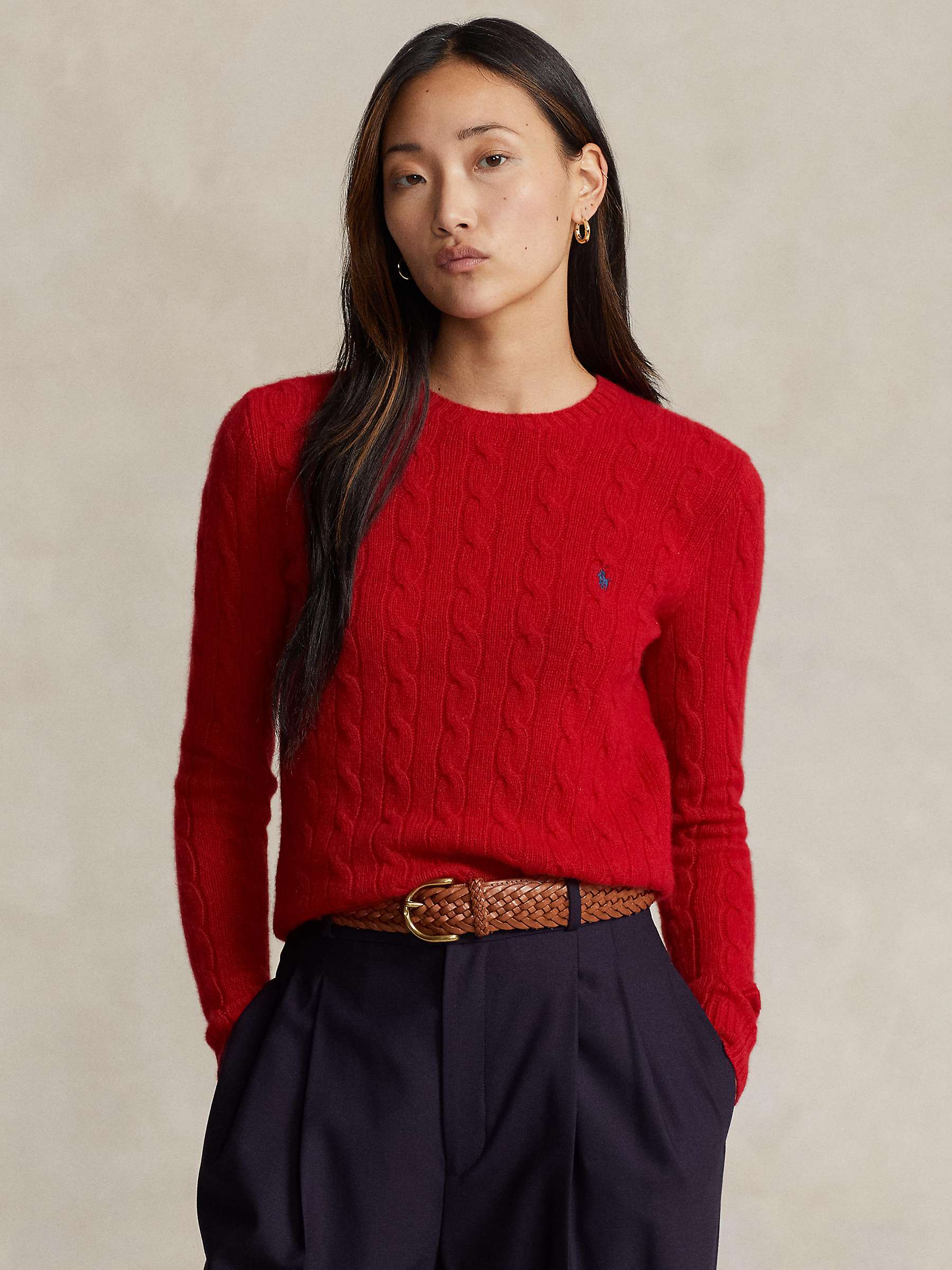 Polo Ralph Lauren Julianna Cotton Cable Knit Crewneck Jumper, Red at ...